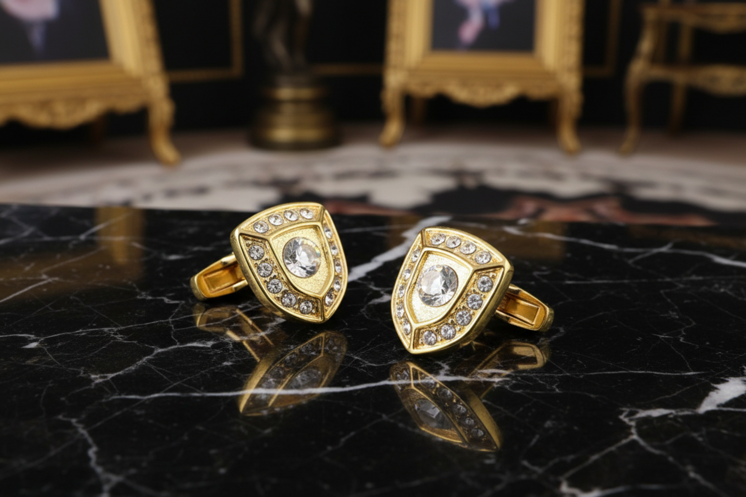2 Gold Color Clear stone Cufflinks