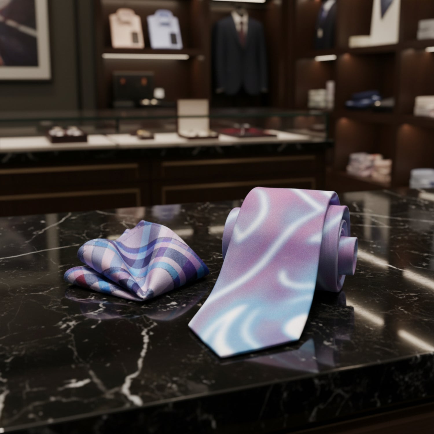 Shades of Blue and Purple Necktie and Accenting Square