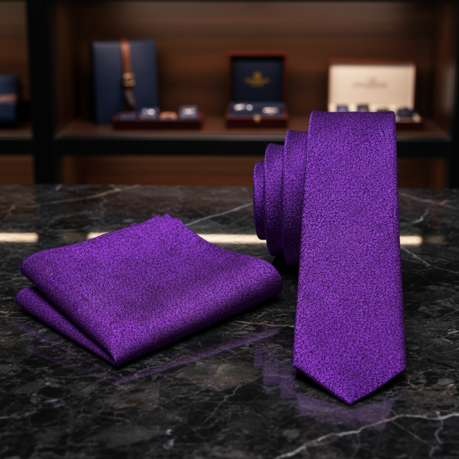 Purple tie and matching pocket square on a white background