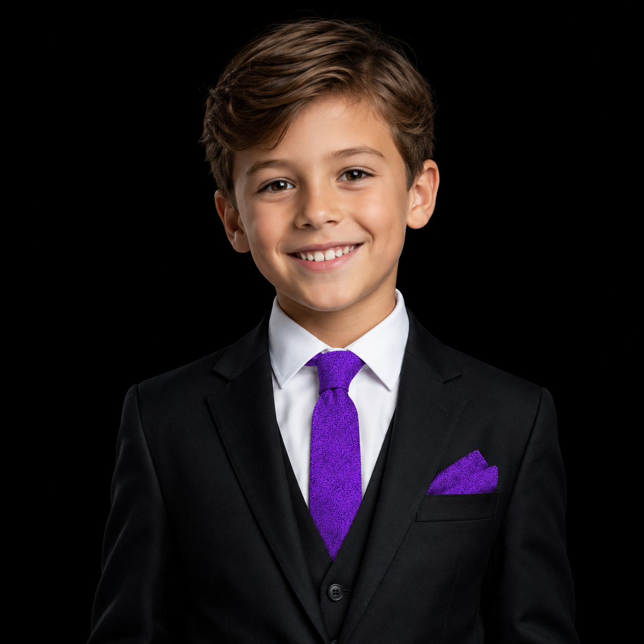 Young boy in a black suit with a purple tie and pocket square on a black background