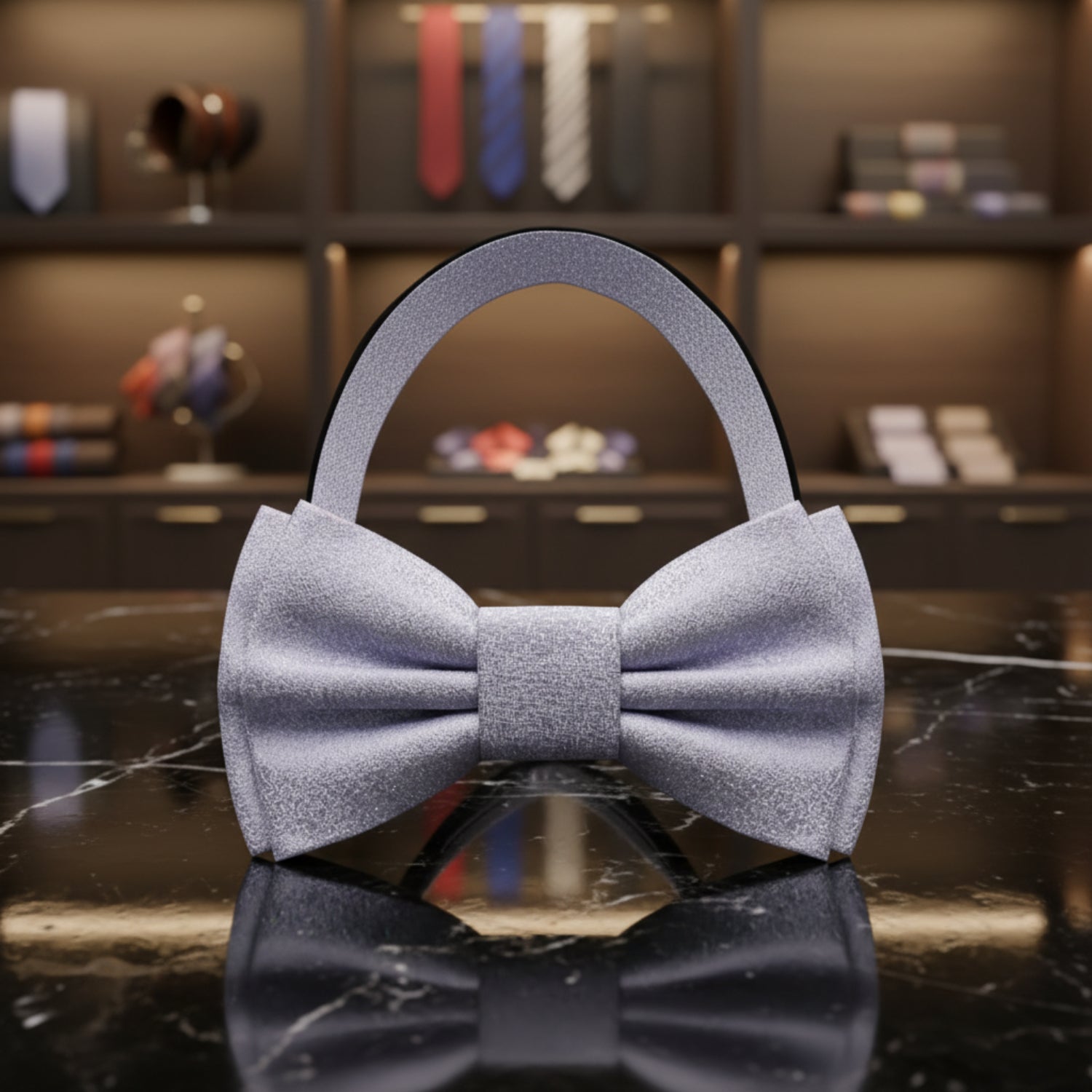 Light silver bow tie on a dark surface 