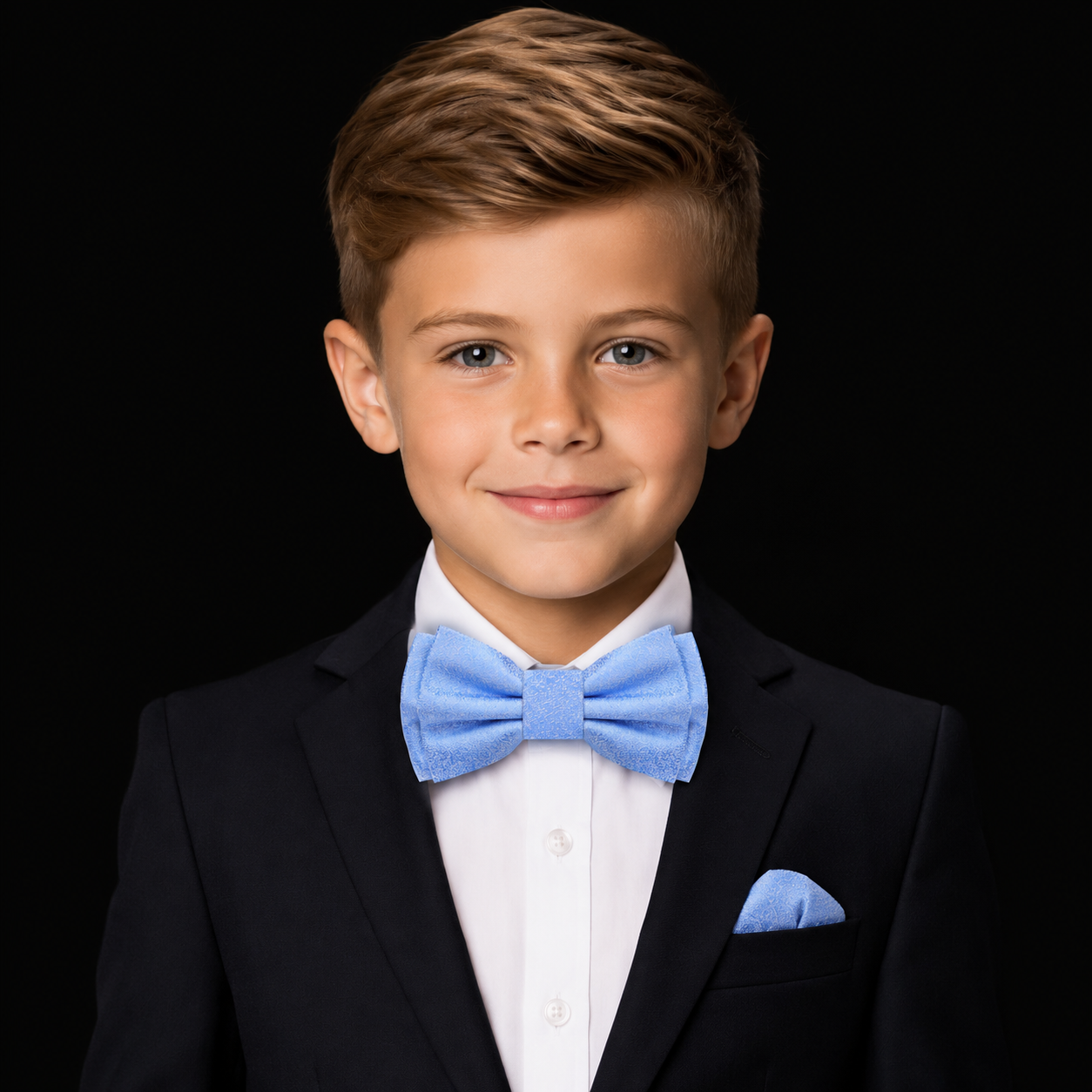 Young boy in a suit with a blue bow tie against a black background