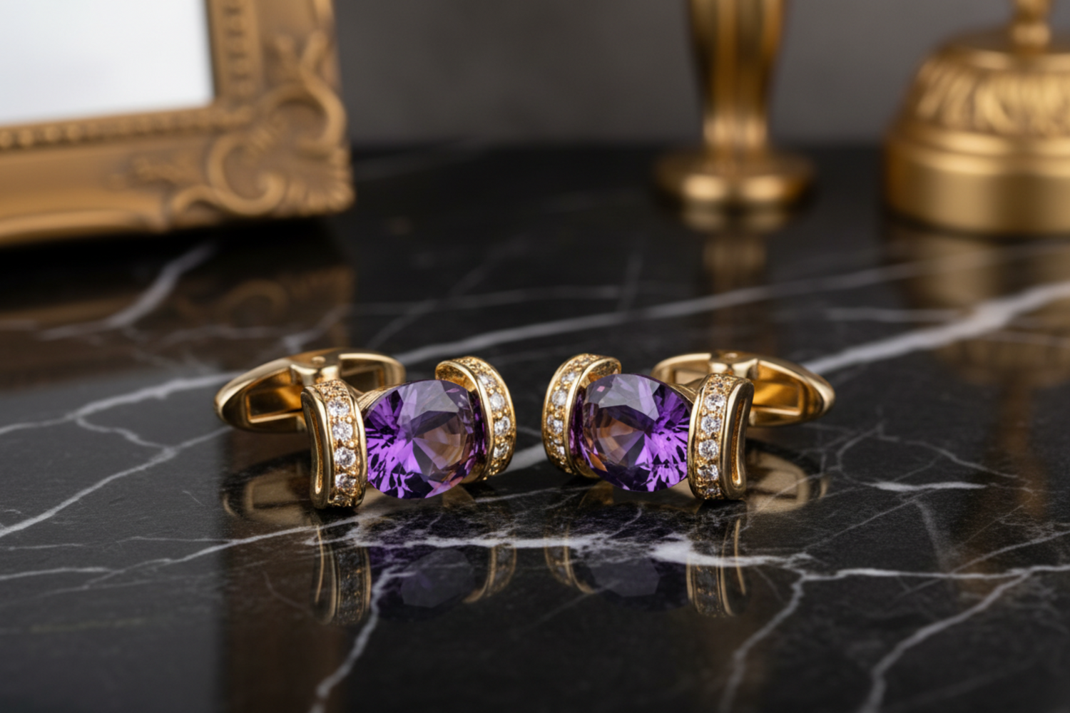 Gold Colored with Purple Rhinestone Cufflinks