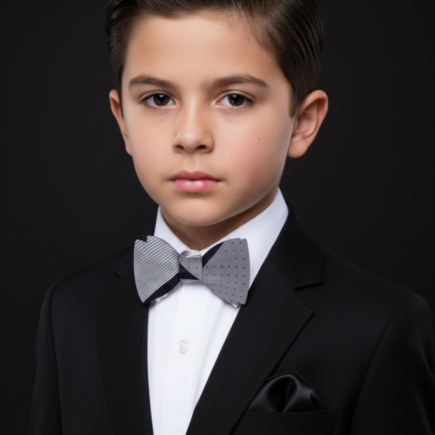 Young boy in a formal black suit with a bow tie against a dark background