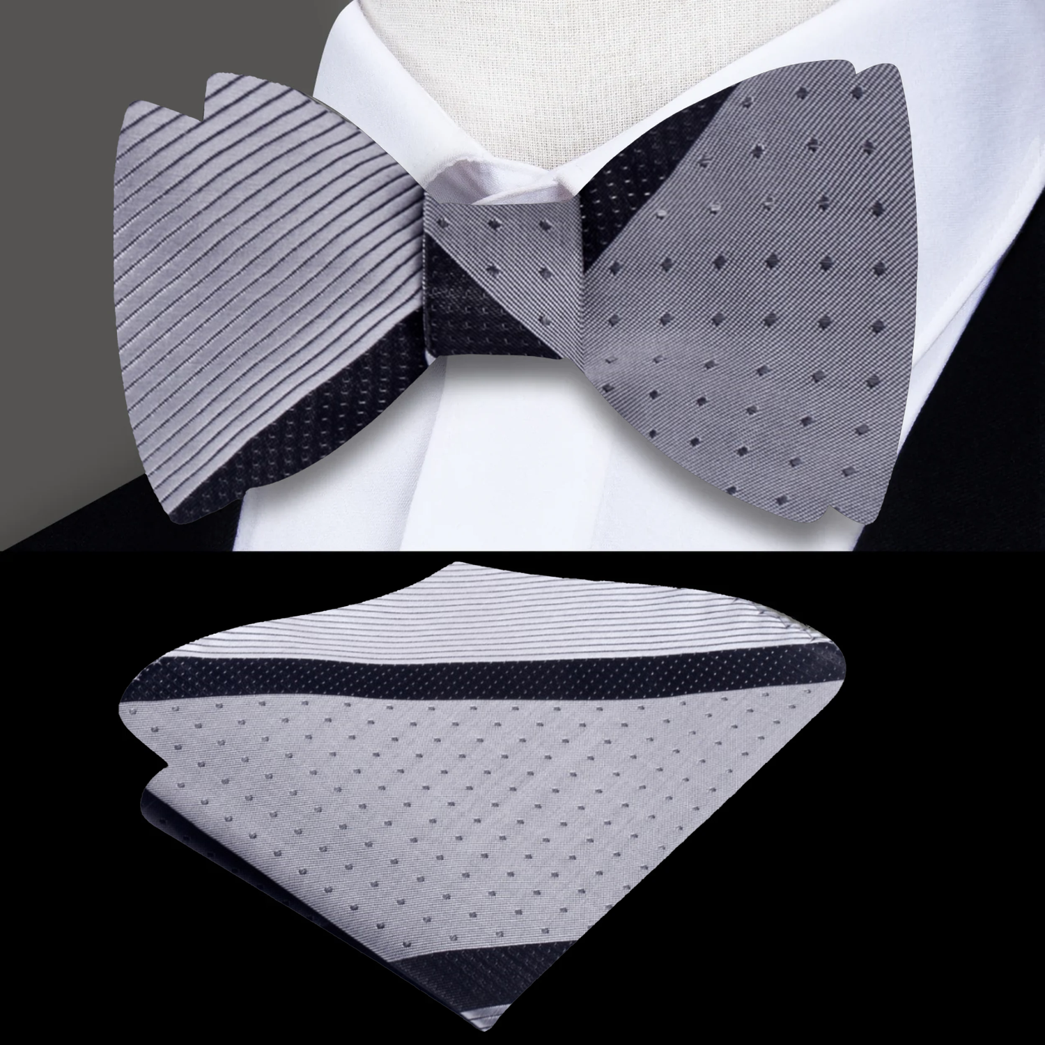 A set of pre-tied bow ties and a pocket square for kids, featuring silver and black colors with a striped pattern.