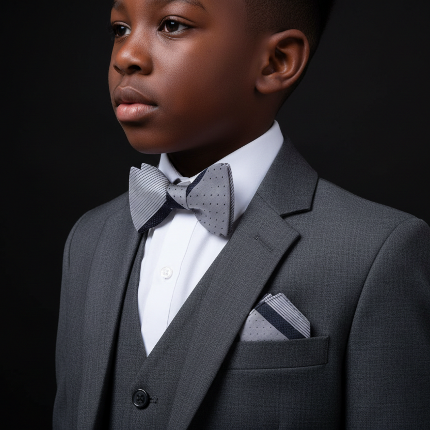 silver and black lined bow tie and square on suit