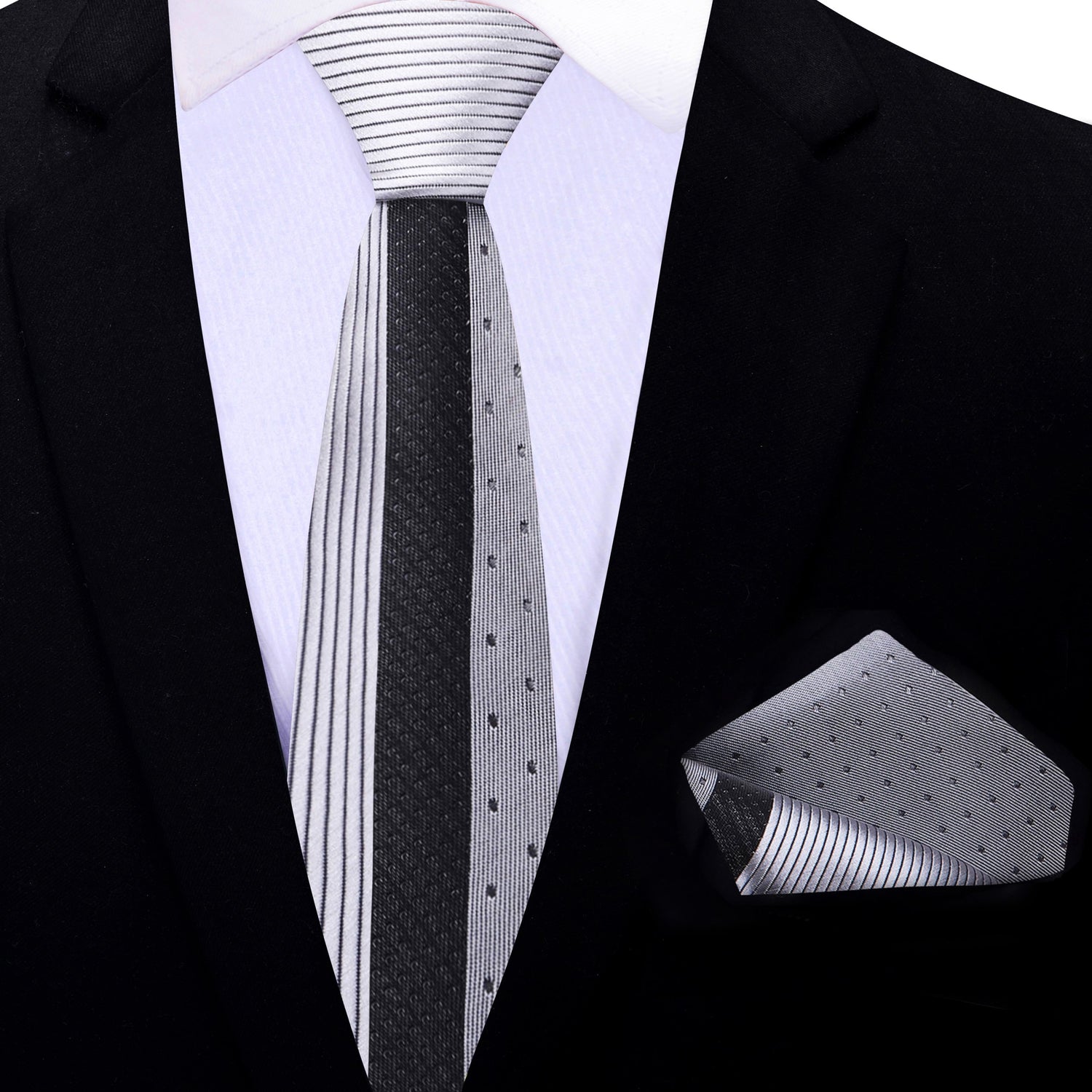 Grey, Black Lined Necktie and Square