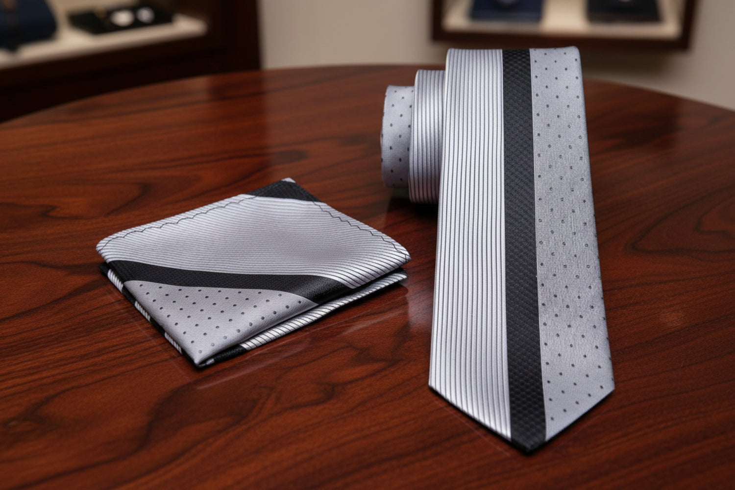 A Silver and Black Lined Necktie and Square