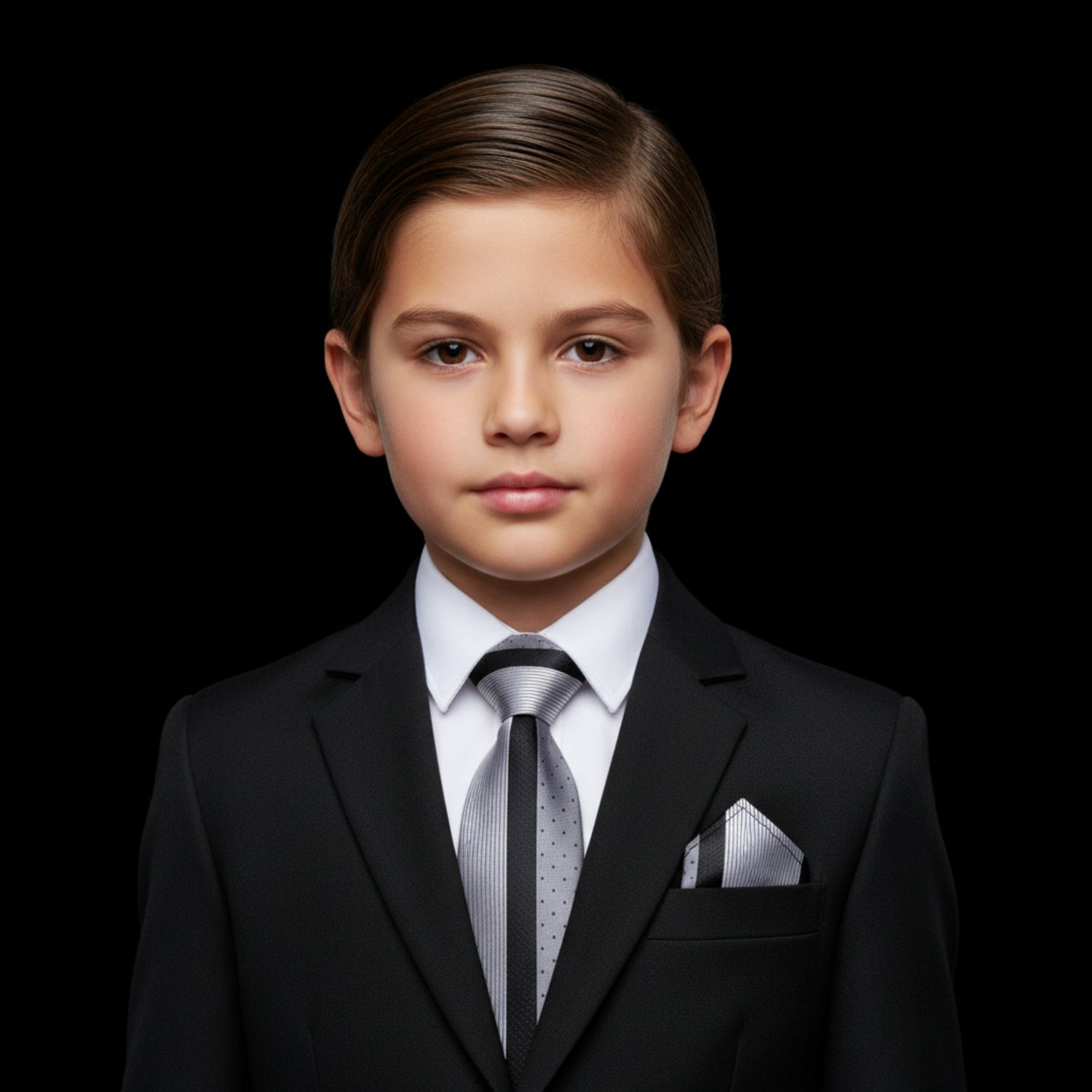 Young boy in a formal black suit with a white shirt and gray tie on a black background