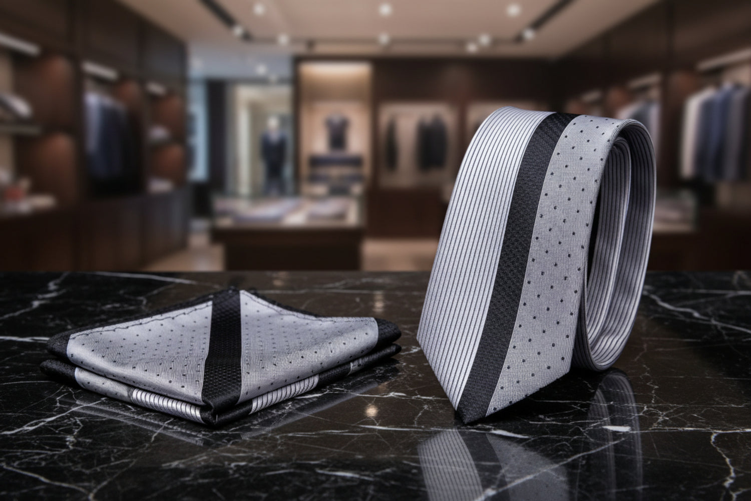 Alt View: Grey, Black Lined Necktie and Square
