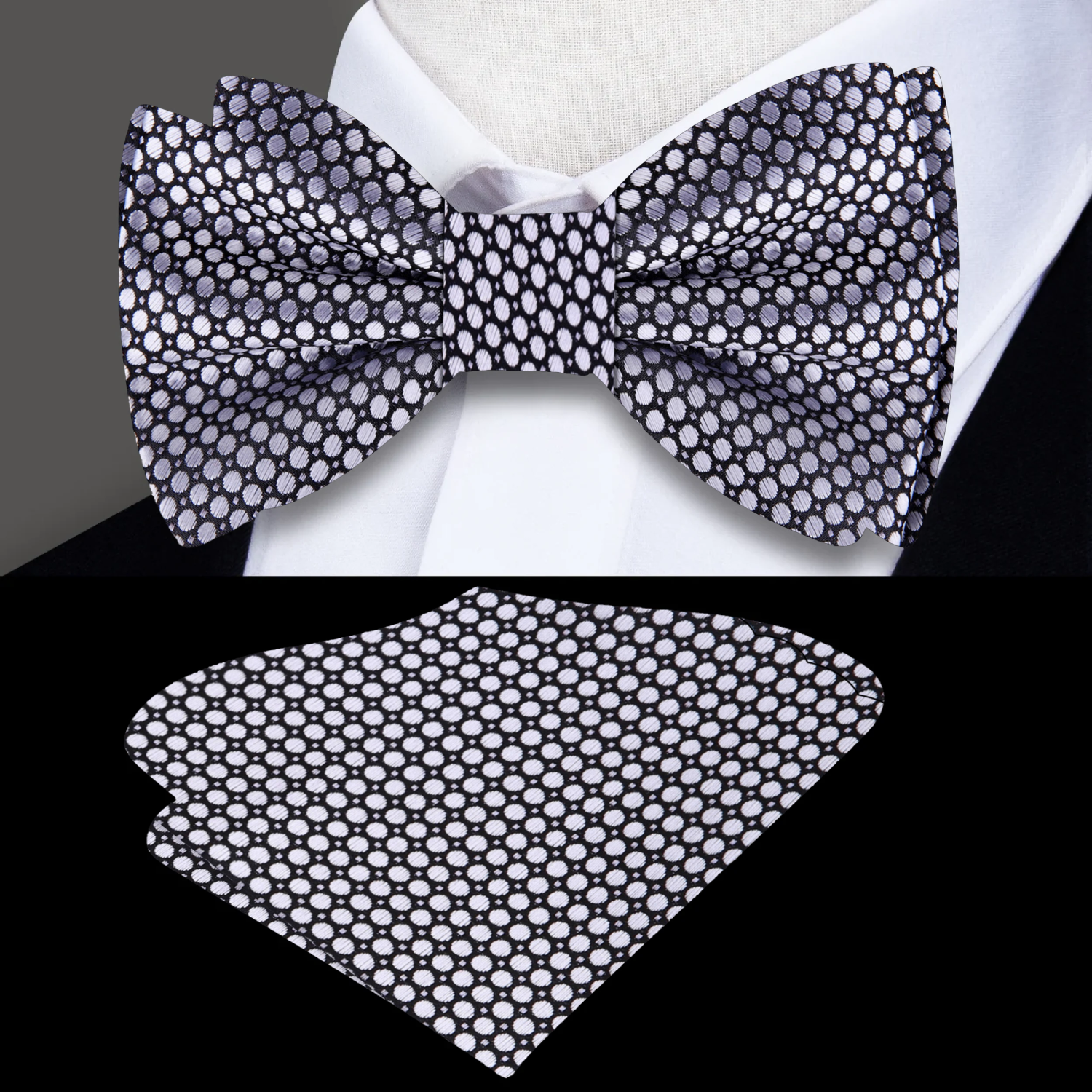 Silver, Black Geometric Bow Tie and Pocket Square