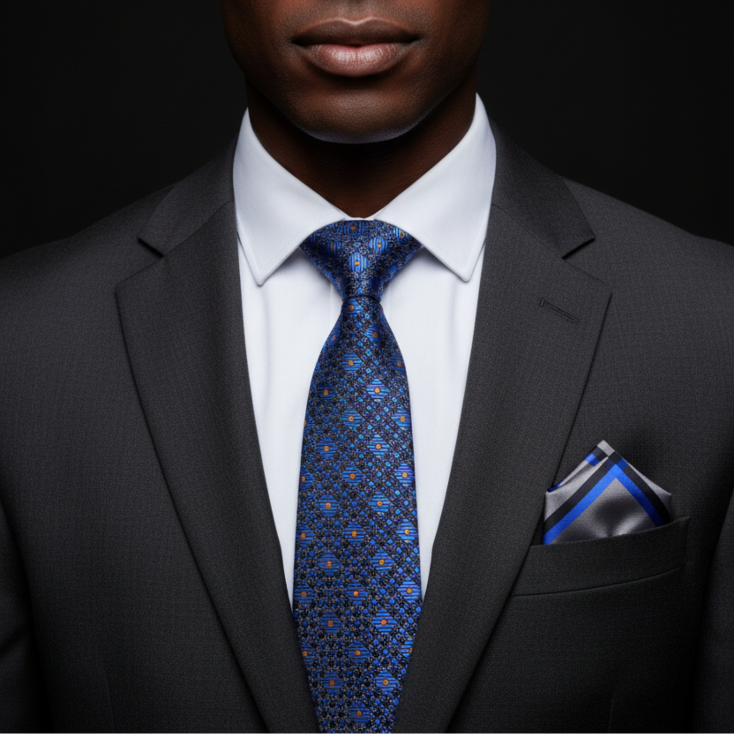 Man wearing a dark suit with a blue patterned tie and matching pocket square against a black background