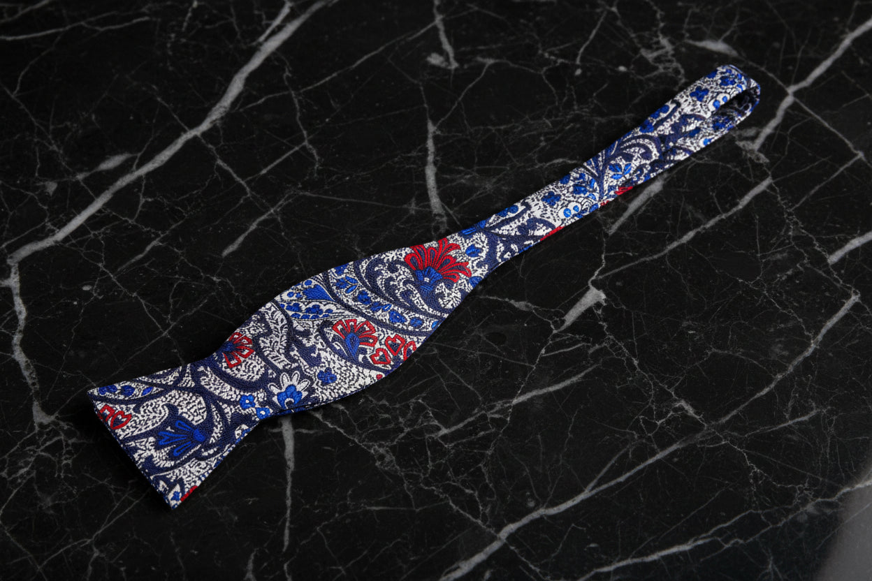 Silver, Blue, Black and Red Paisley Bow Tie Self Tie