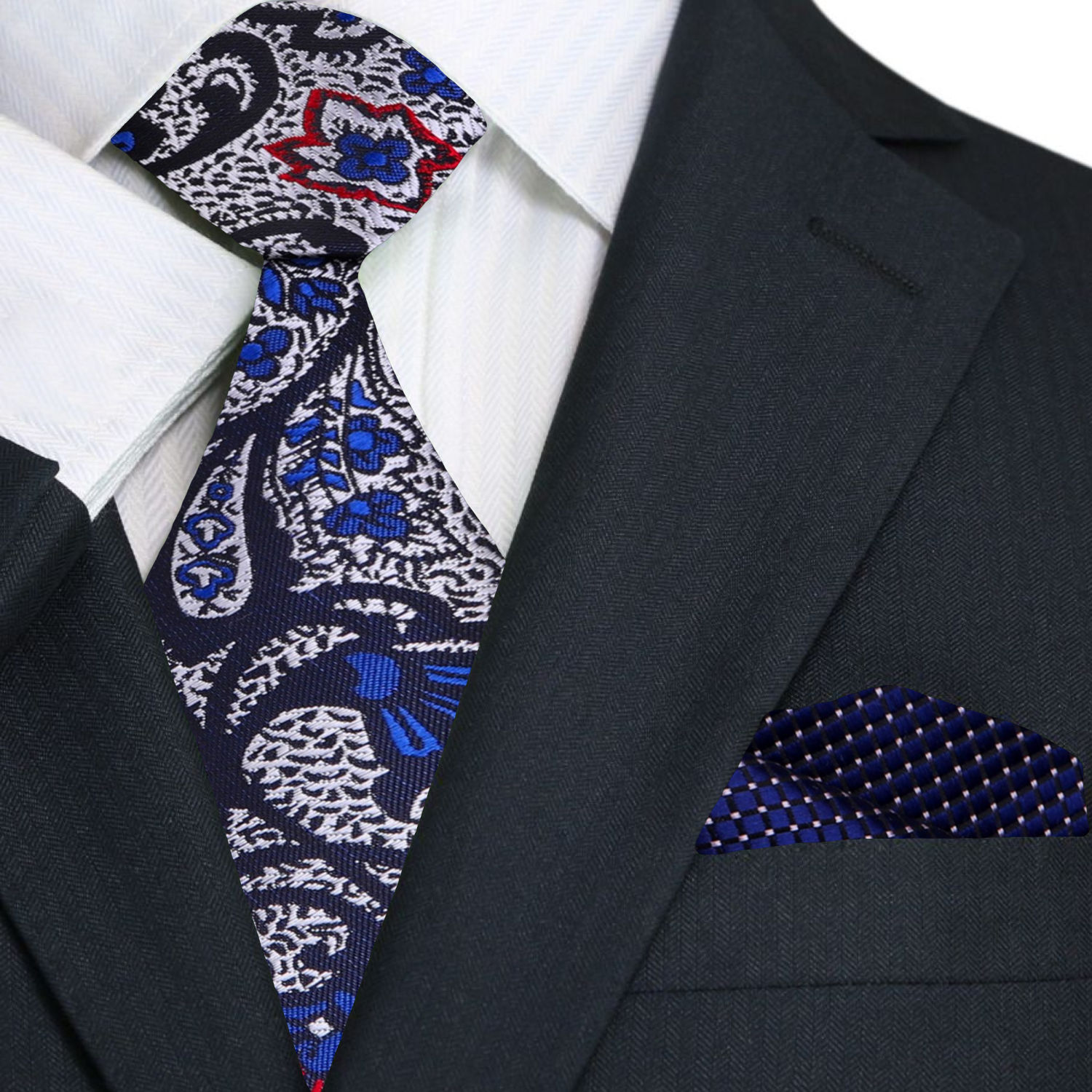 Silver Red Blue Paisley Tie and Blue Square