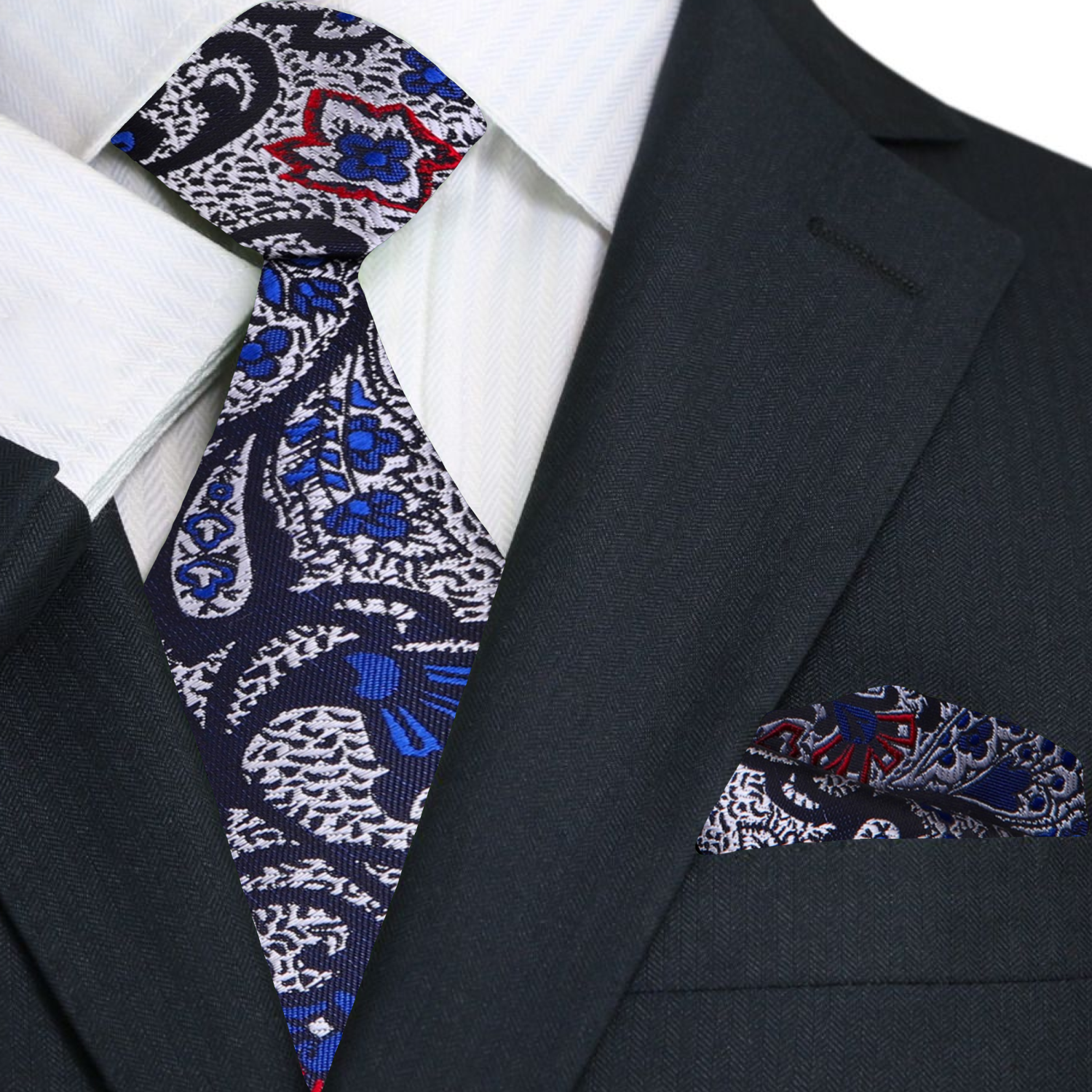 Primary Silver Red Blue Paisley Tie and Square