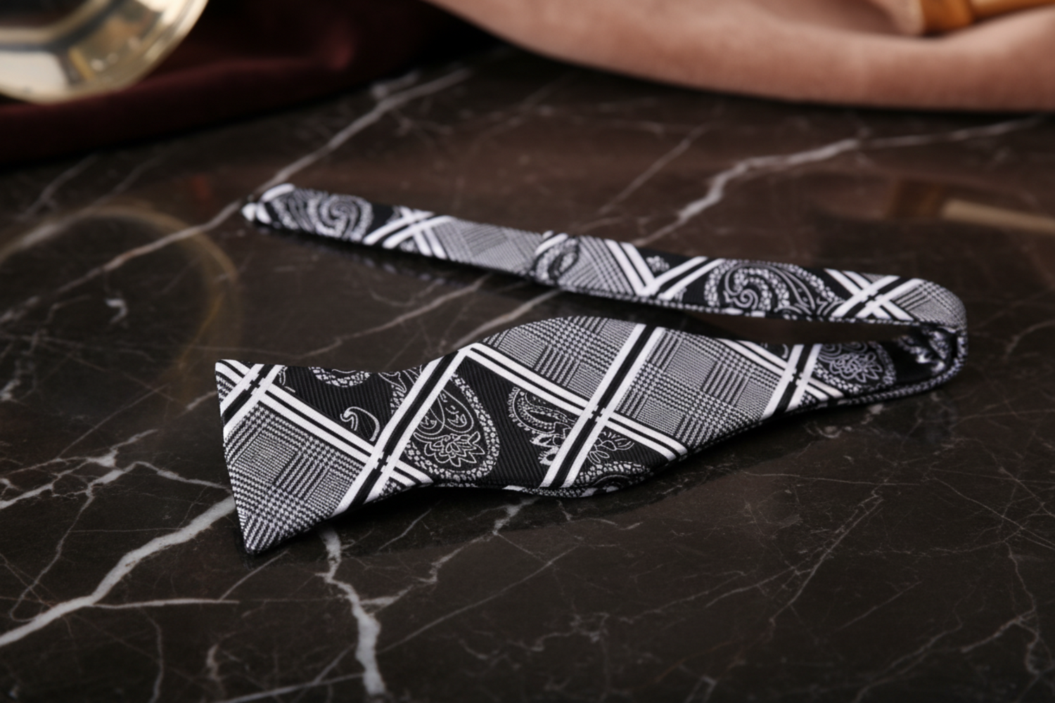 White Black Paisley Self Tie Bow Tie