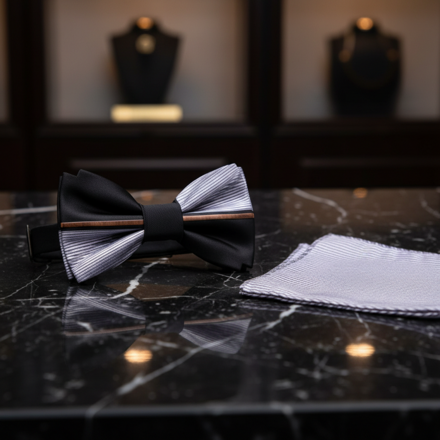 Grey, Black Lined Bow Tie and Pocket Square||Silver, Black