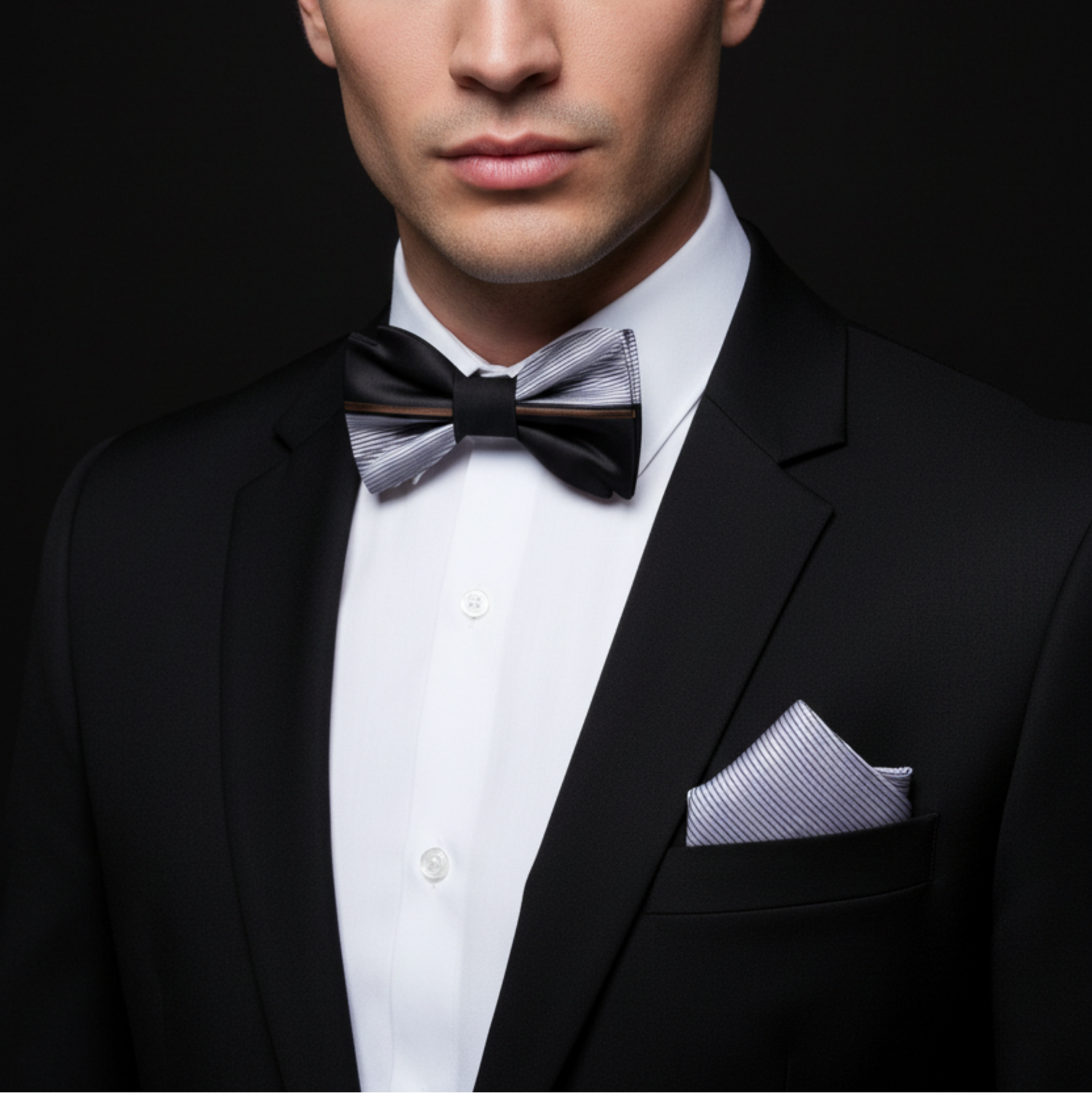 Man wearing a black tuxedo with a bow tie and pocket square on a dark background