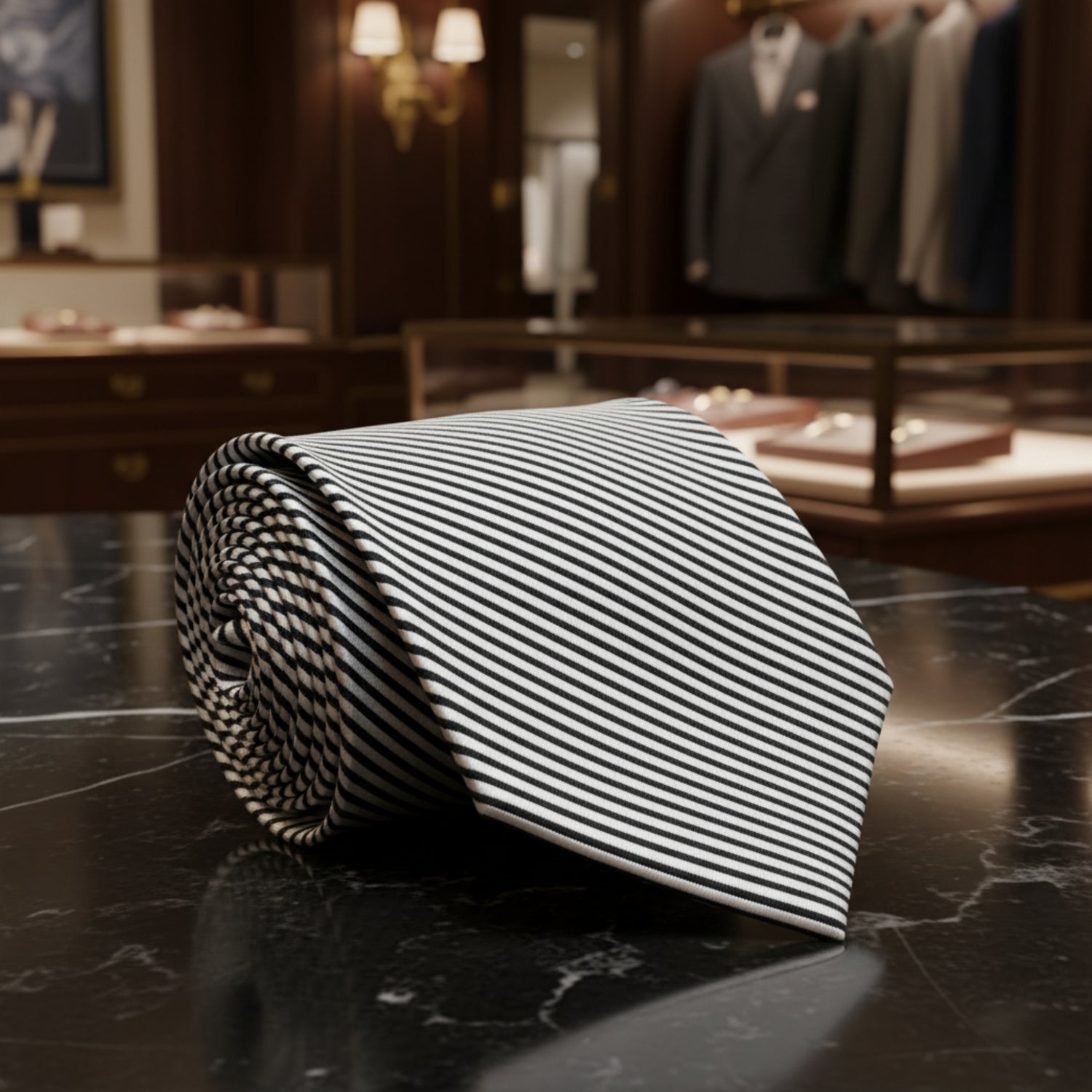 silver and black pinstripe tie 