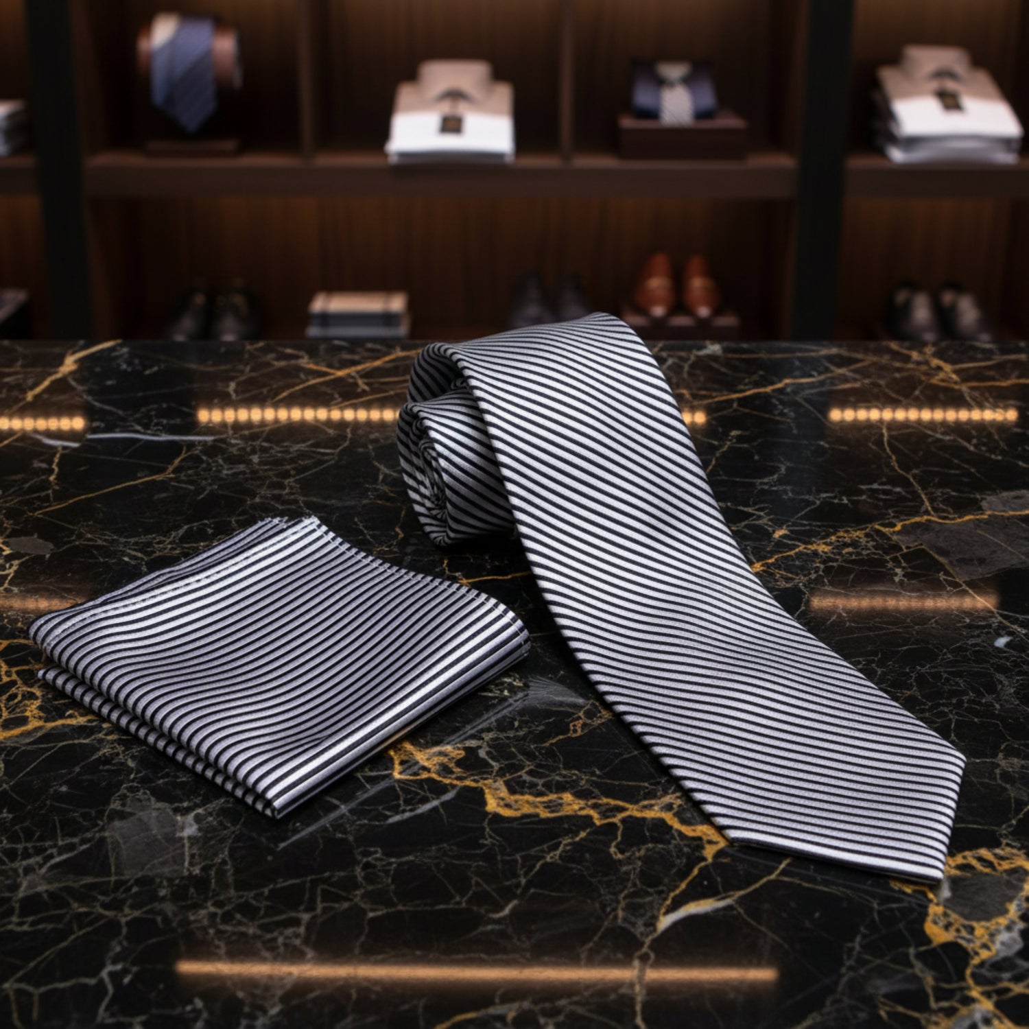 silver and black pinstripe tie and square on black marble table