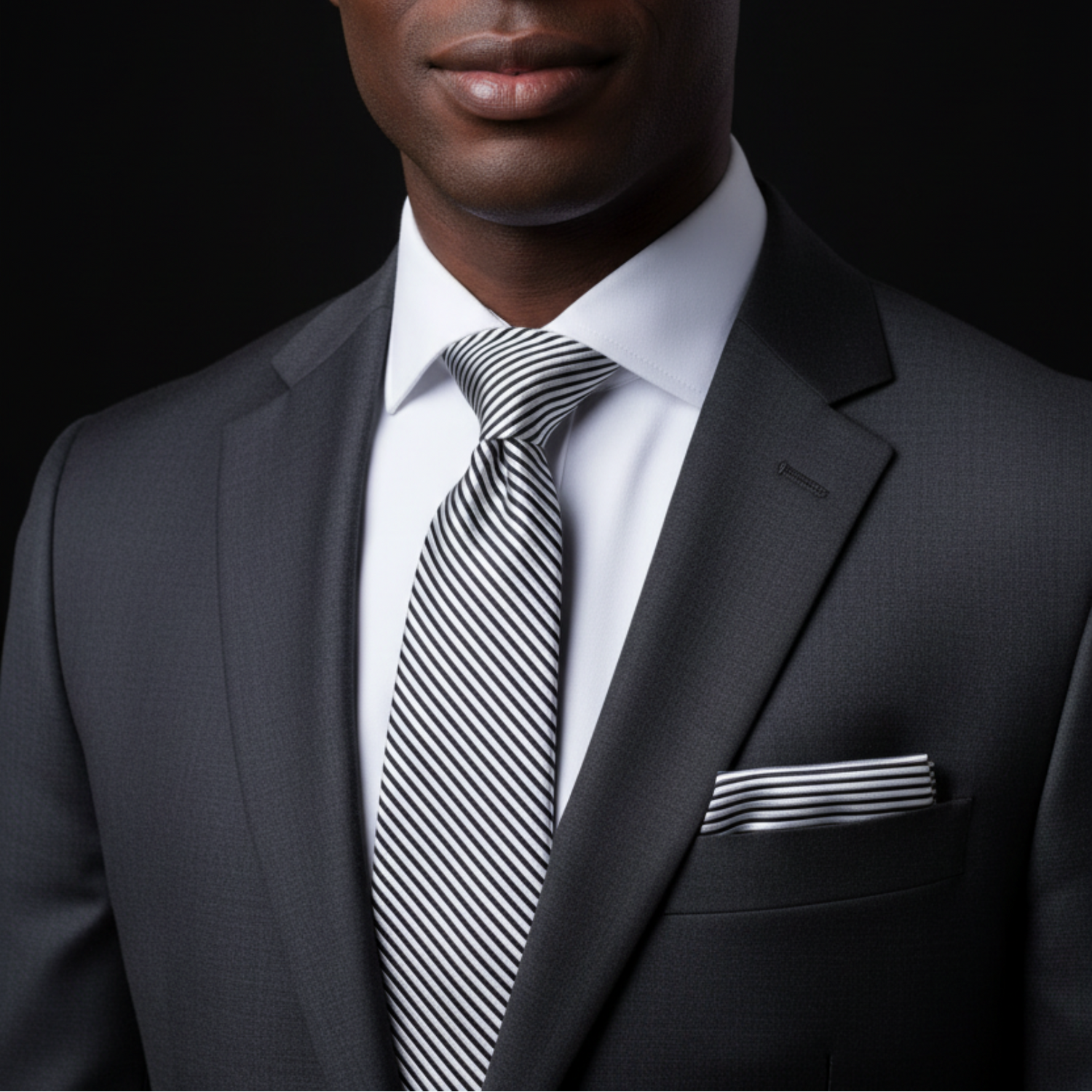 Man wearing a gray suit with a striped tie and pocket square on a black background
