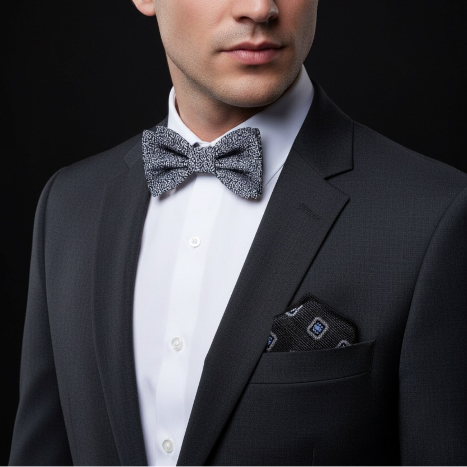 Man wearing grey bow tie and accenting square