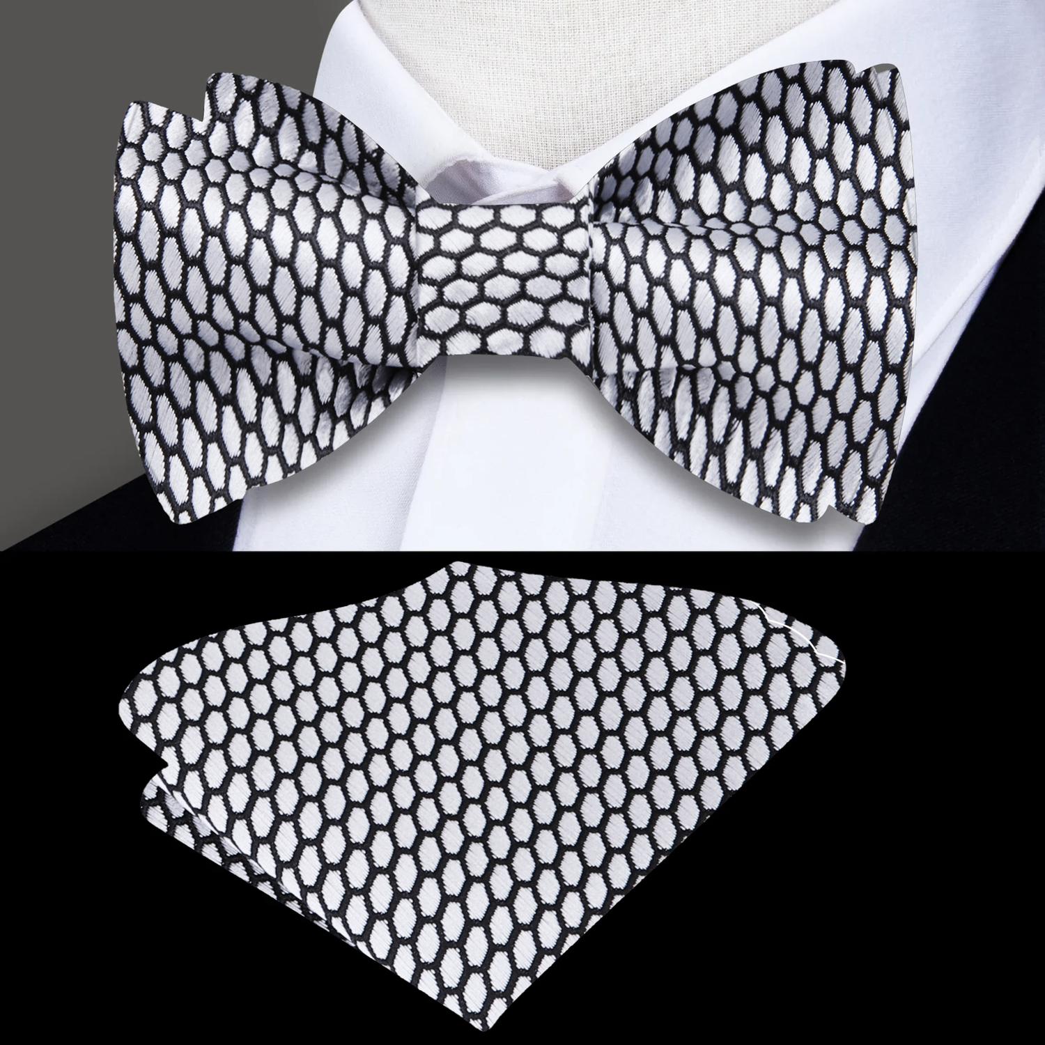 Silver and Black Geometric Bow Tie and Square