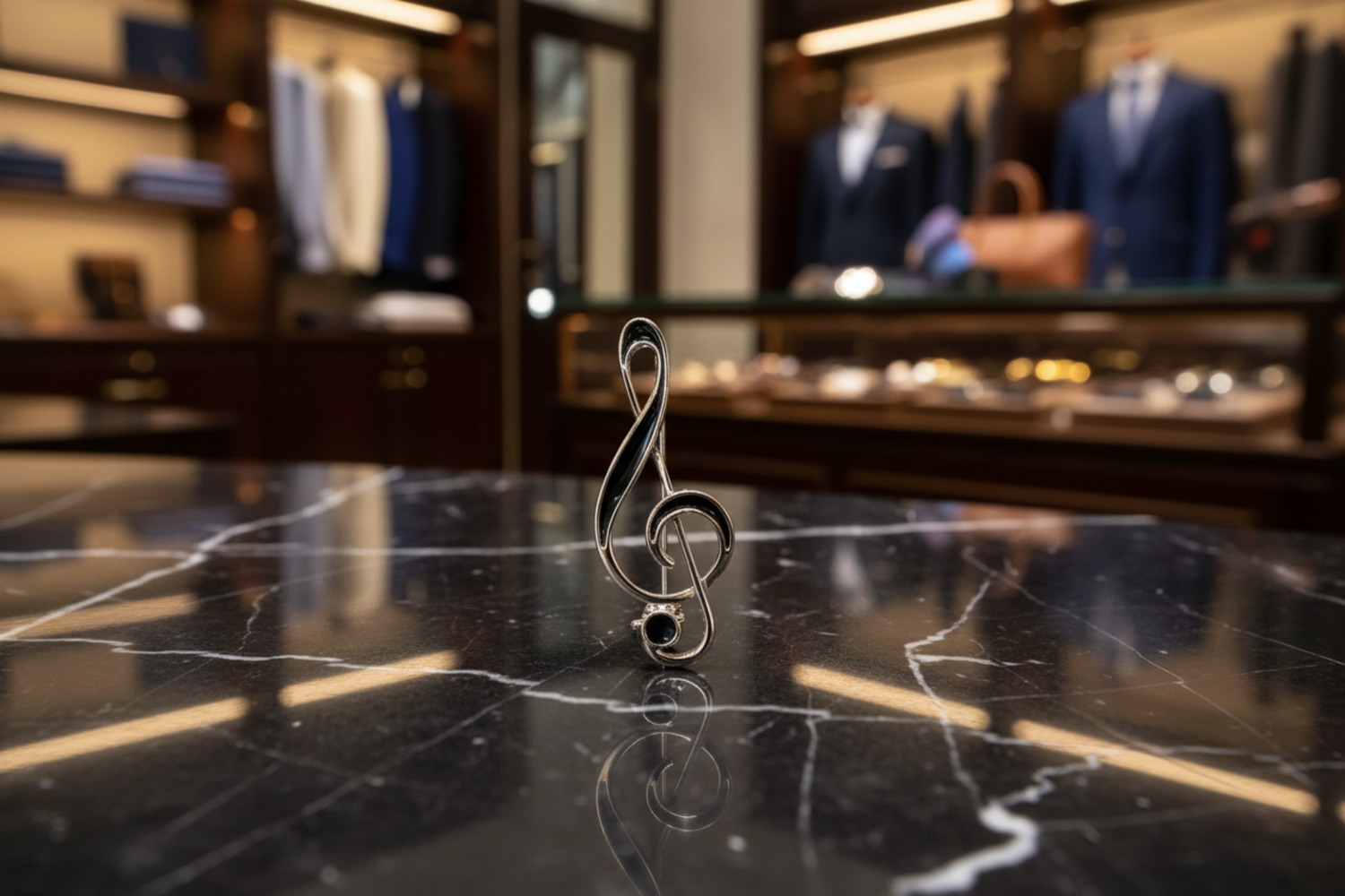 A silver-colored lapel pin in the shape of a treble clef and a microphone, symbolizing music.