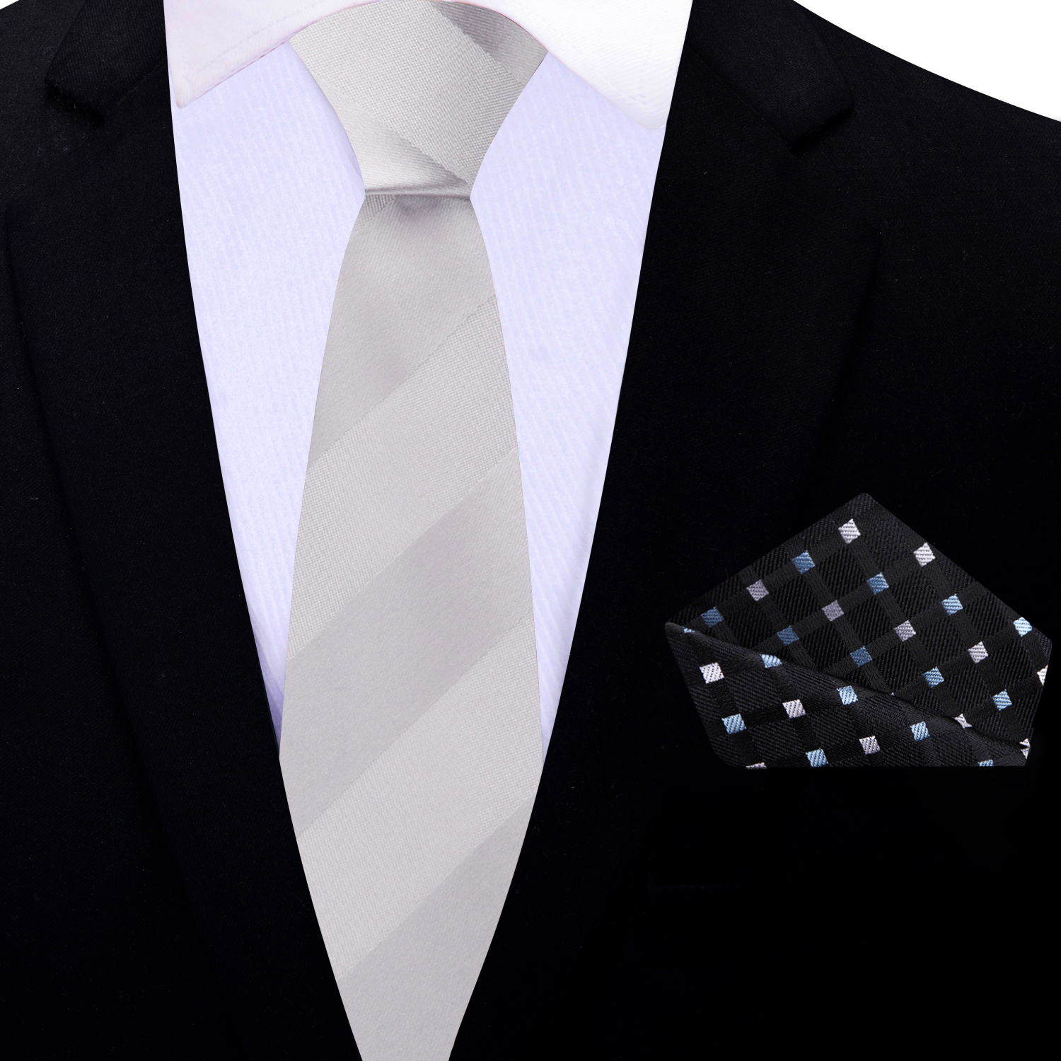 Thin Silver Block Stripe Necktie and Square