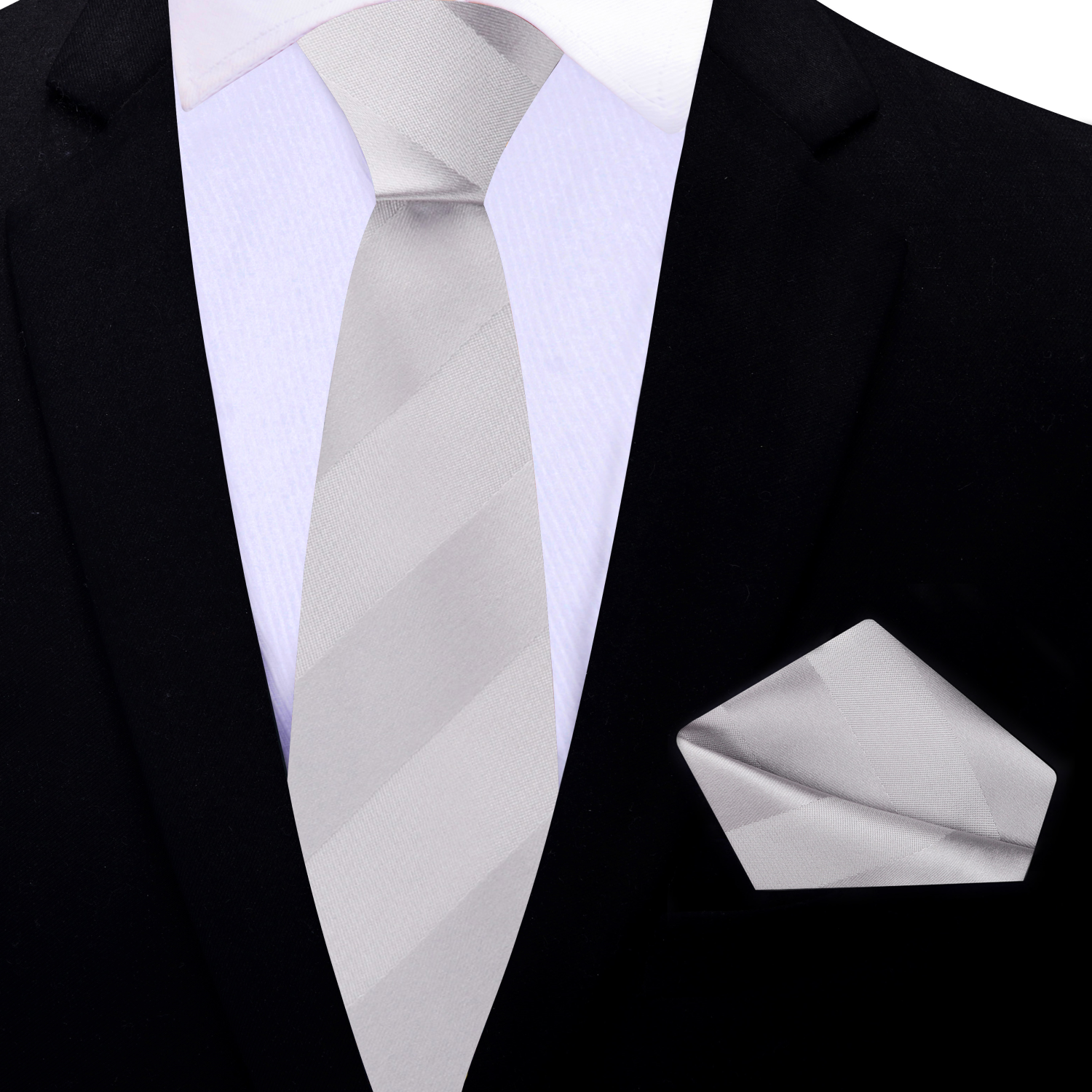Thin Silver Block Stripe Necktie and Matching Square