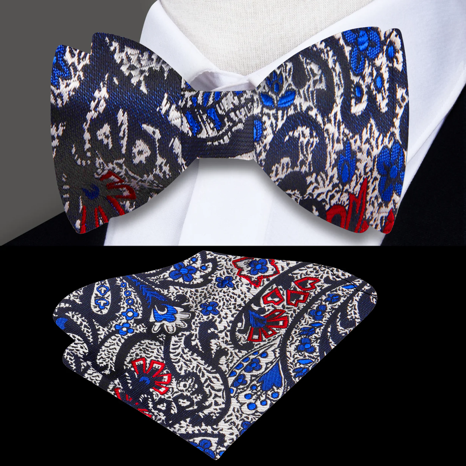 Main: Silver, Blue, Black and Red Paisley Bow Tie and Matching Square