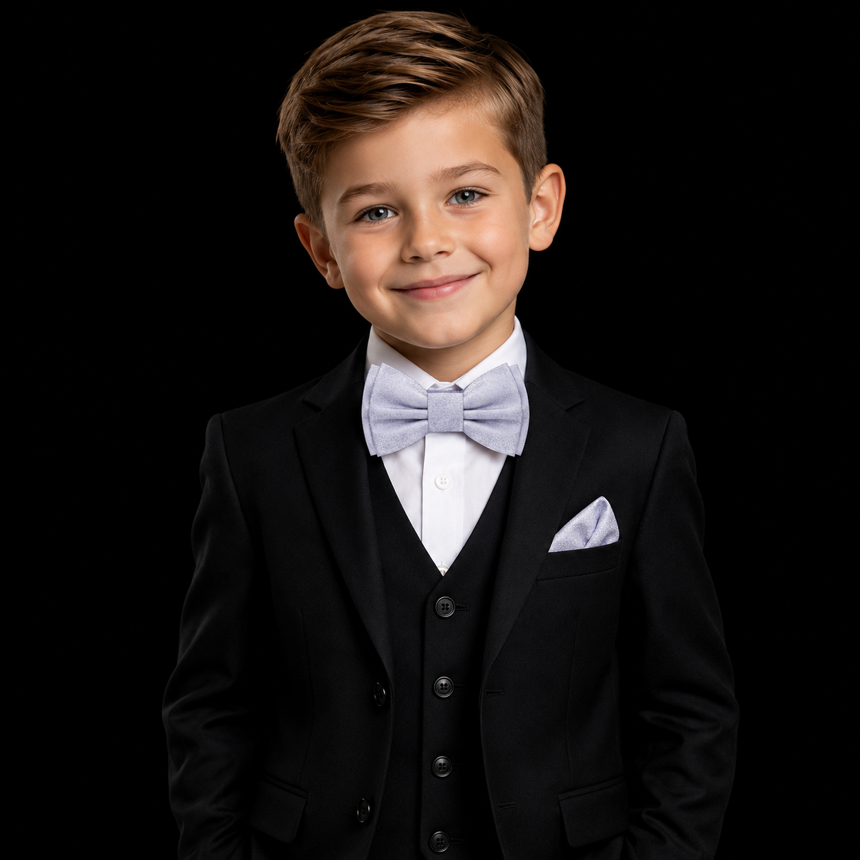 Young boy in a black suit with a gray bow tie and pocket square on a black background