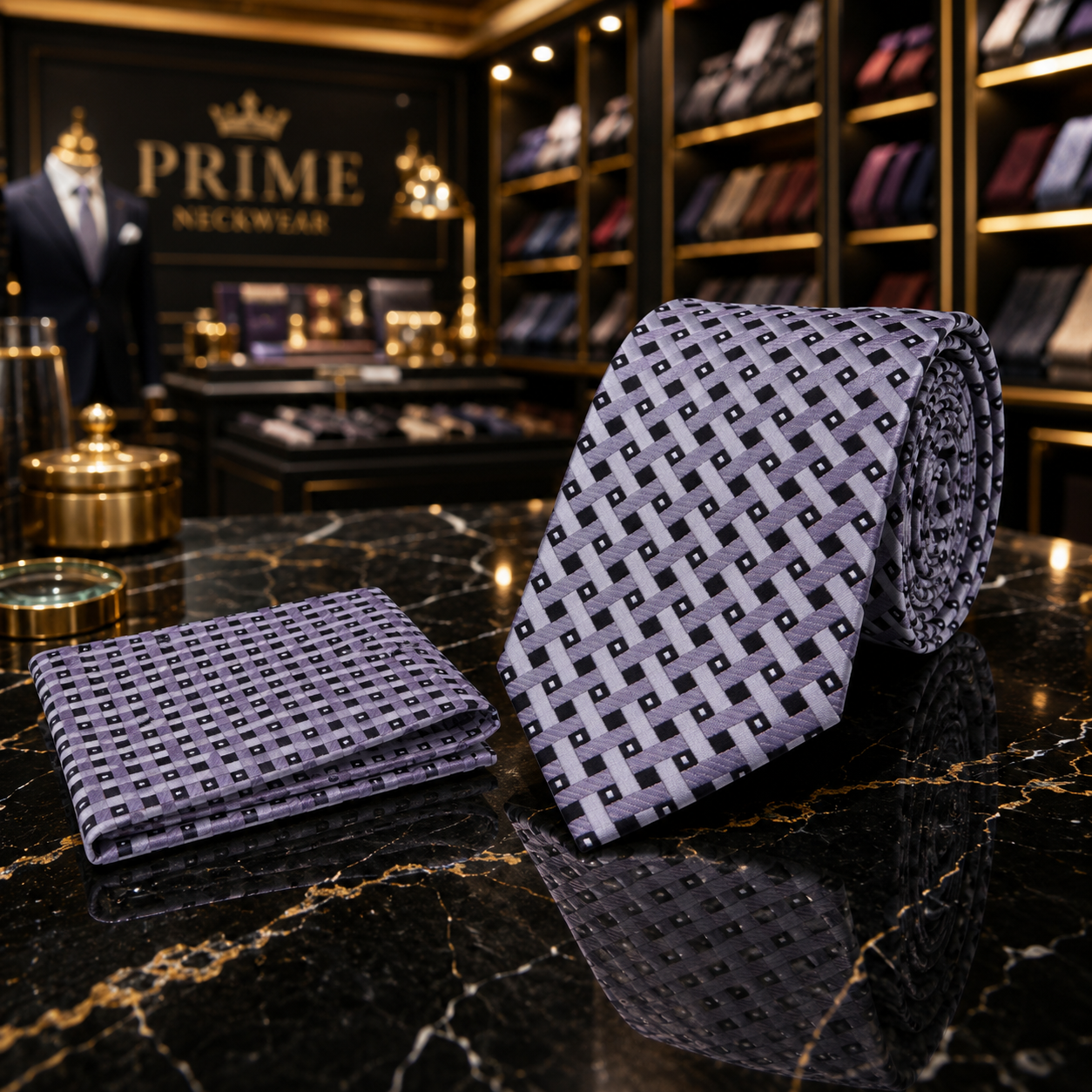 A men's necktie and matching pocket square set in a luxury retail store. The tie features a woven geometric lattice pattern in shades of purple and gray, while the matching pocket square lies folded on the polished black marble counter.