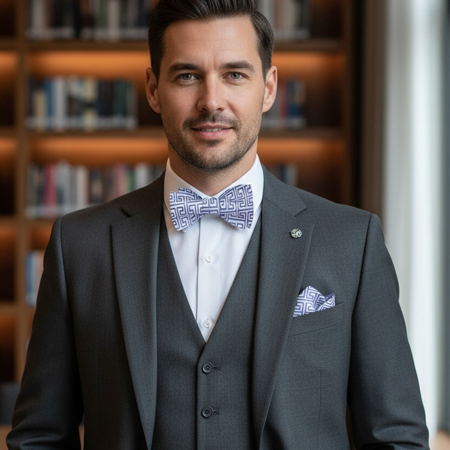 Man in a gray suit with a patterned bow tie and pocket square standing in front of a bookshelf.