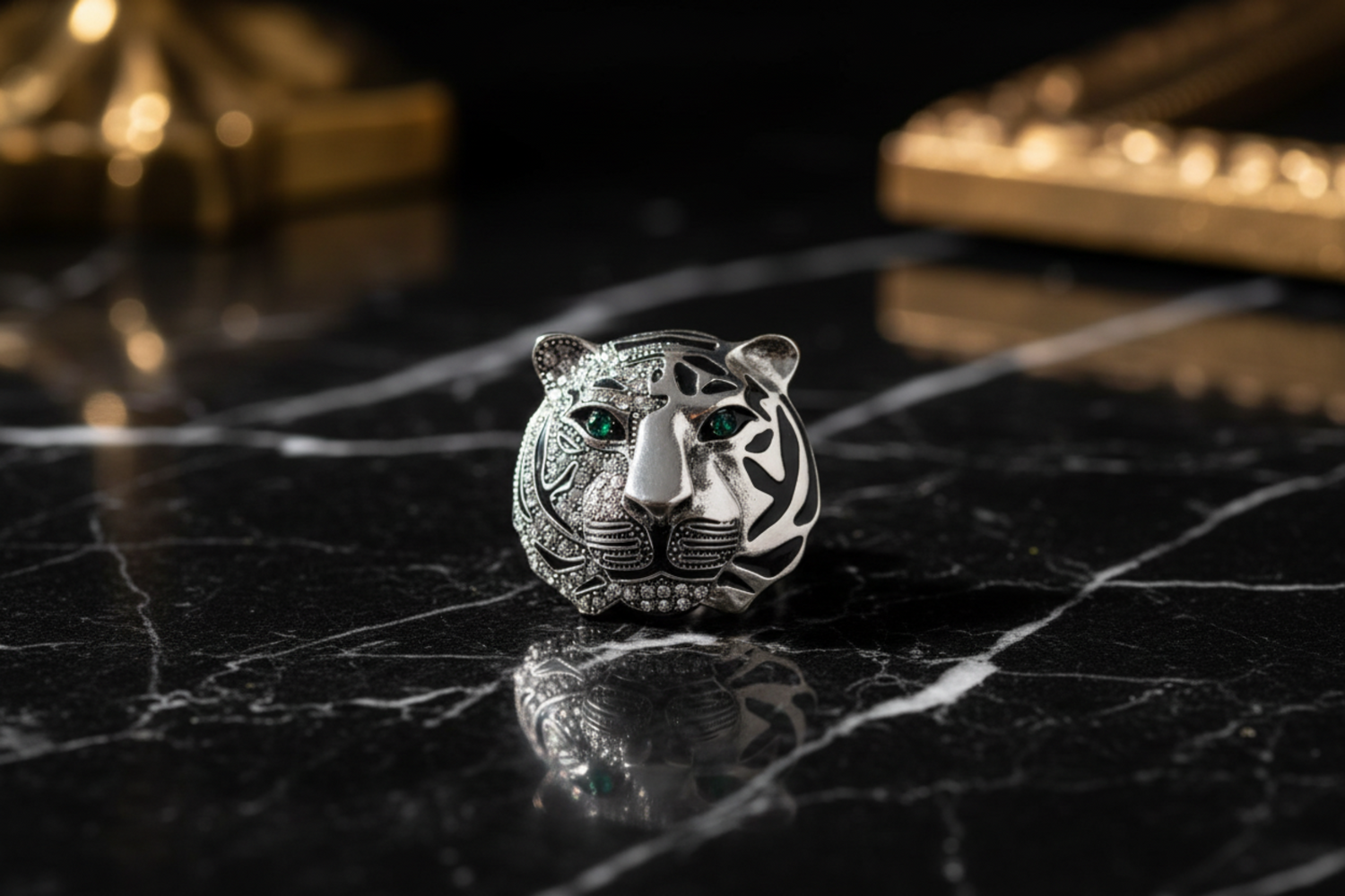 View 3: Metallic Chrome Tiger Head Lapel Pin
