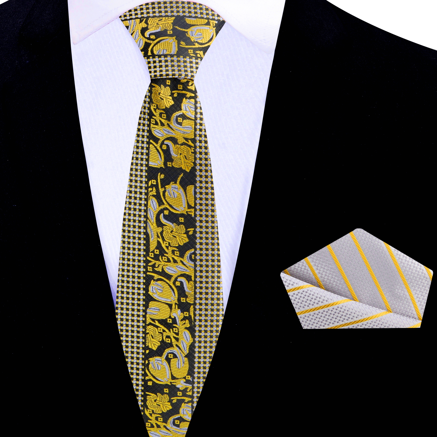 Thin Gold, Silver, Black Floral Tie and Accenting Stripe Square