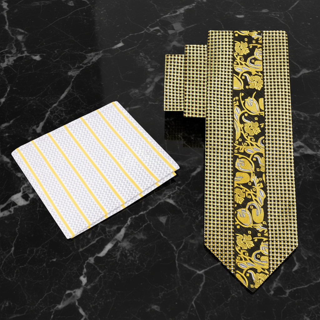 Alt Gold, Silver, Black Floral Tie and Accenting Stripe Square