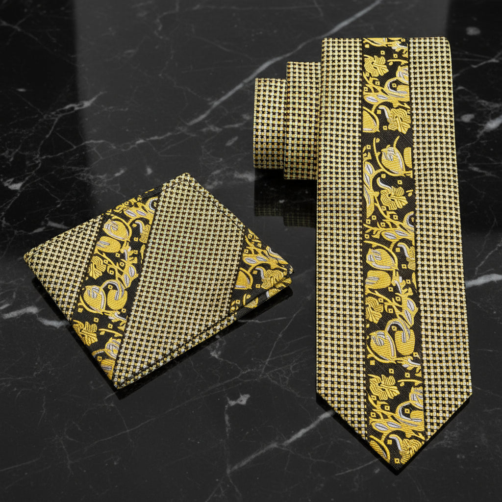 Alt Gold, Silver, Black Floral Tie and Square
