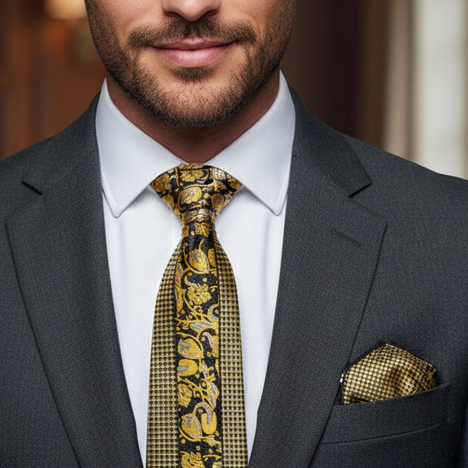 Man wearing a gray suit with a gold and black patterned tie and pocket square.