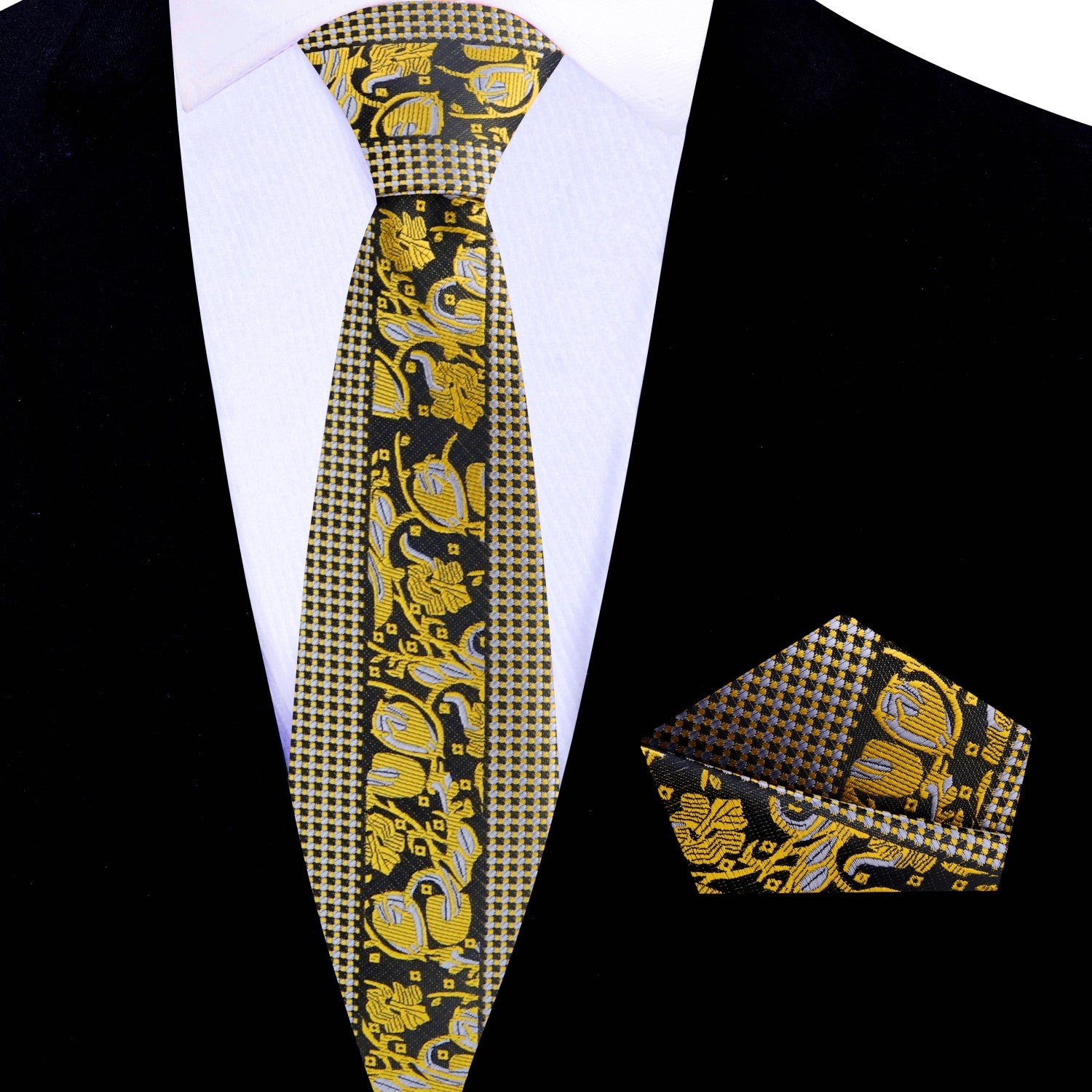 Thin Gold, Silver, Black Floral Tie and Square