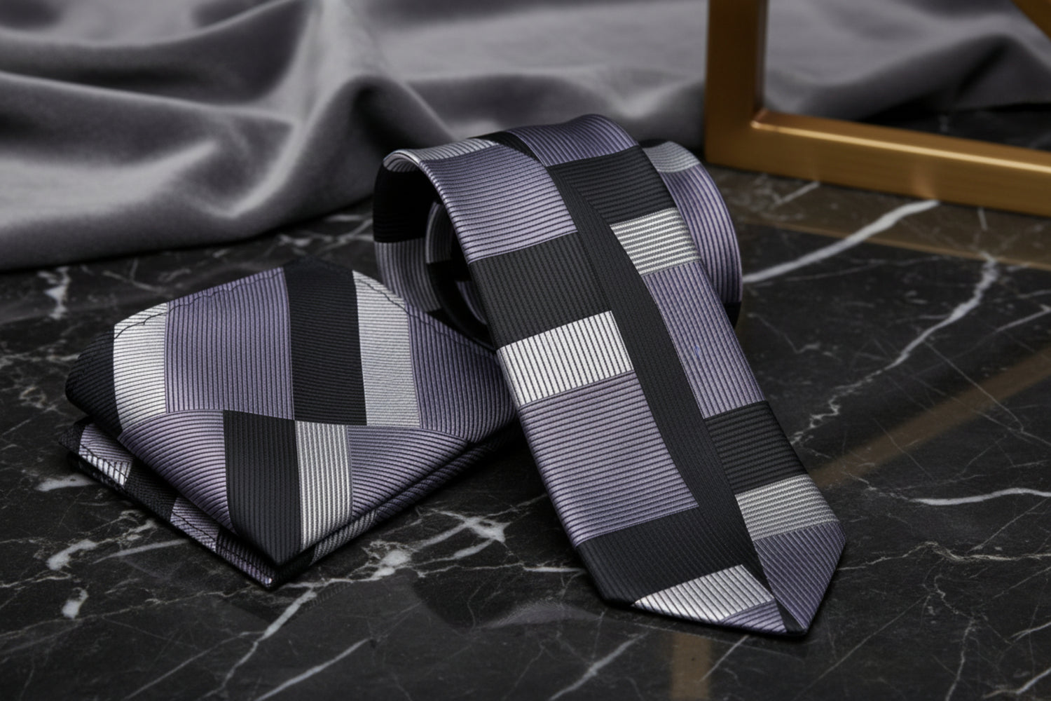 Grey, Black & Silver Geometric Necktie with Matching Square