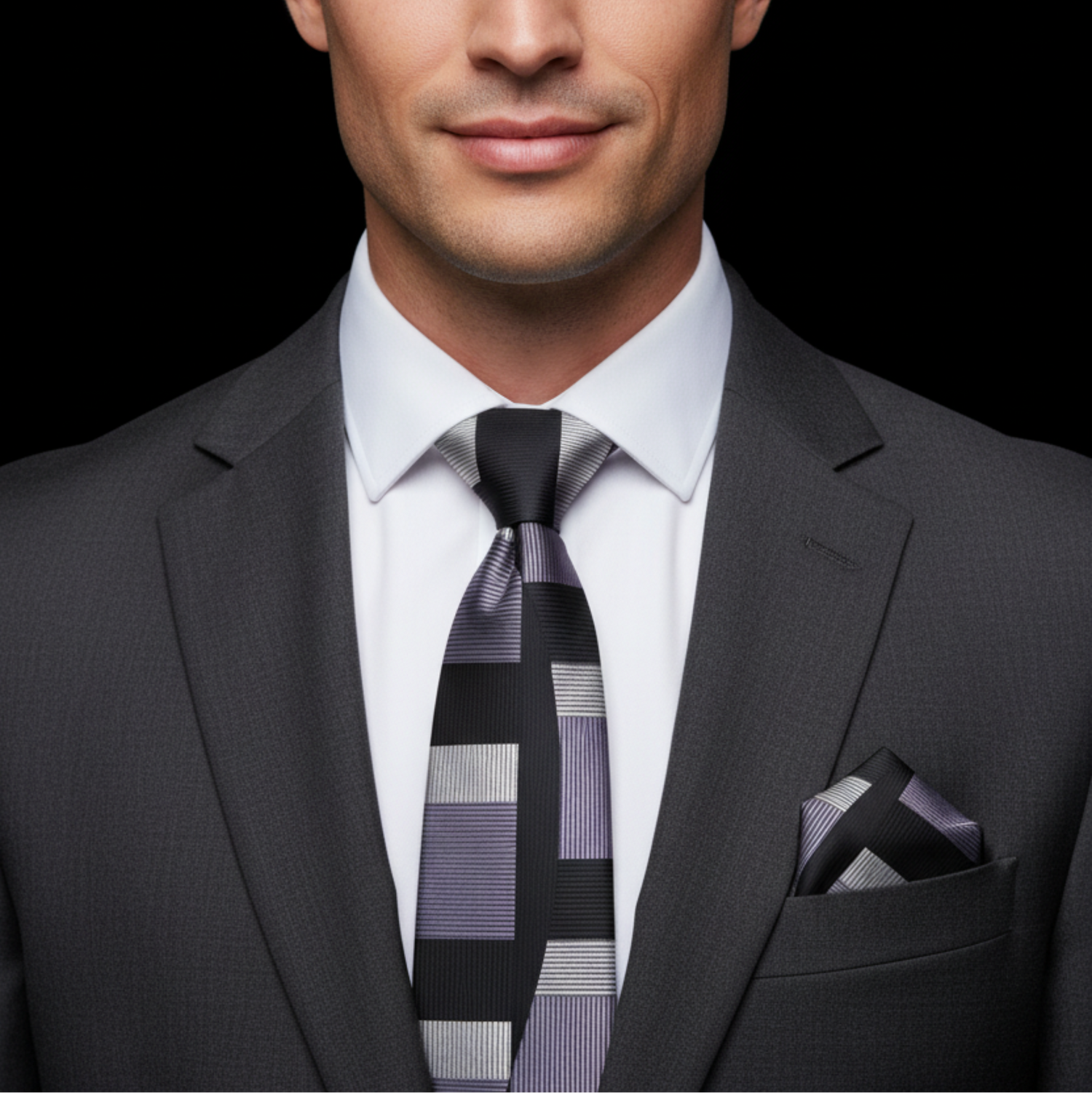 Man wearing a gray suit with a patterned tie and pocket square on a black background