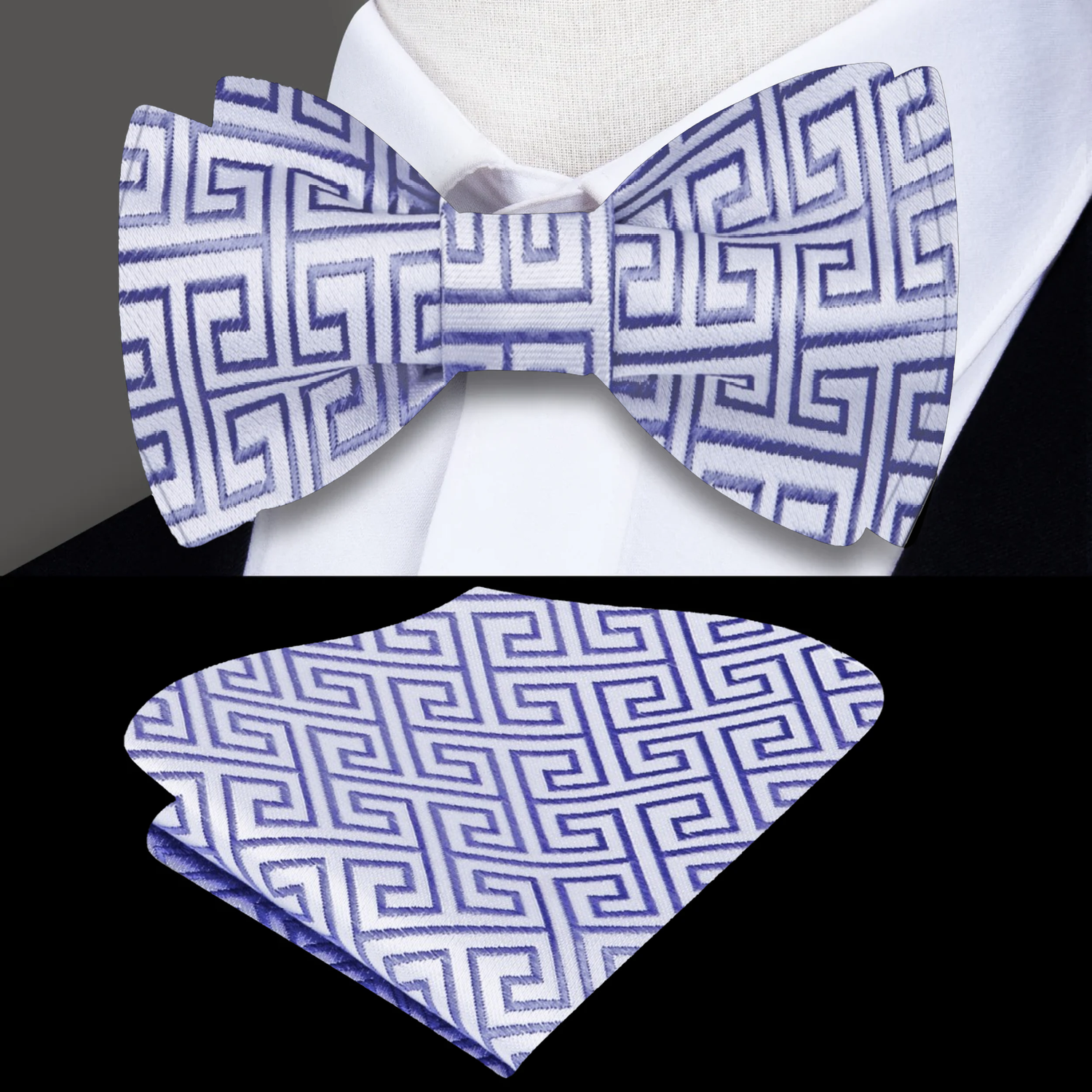 A set of self-tie bow tie and pocket square with geometric pattern, displayed on a white background.