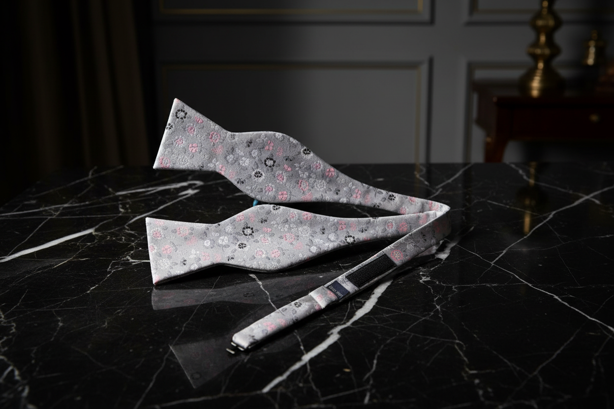 Self Tie: A Light Silver, Grey, Pink, White Floral Pattern Self Tie Bow Tie, ||Silver, Pink, White, Black
