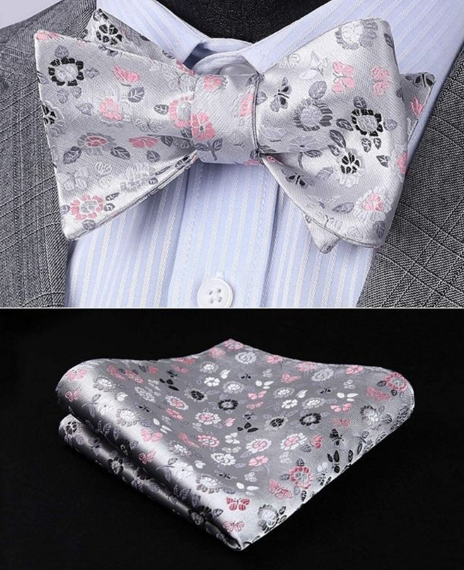 Main View: A Light Silver, Grey, Pink, White Floral Pattern Self Tie Bow Tie, With Matching Pocket Square||Silver, Pink, White, Black