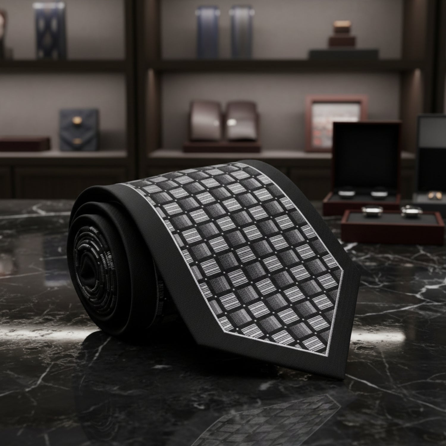 A black necktie with a textured geometric grid pattern in gray and white, shown rolled and laid flat 