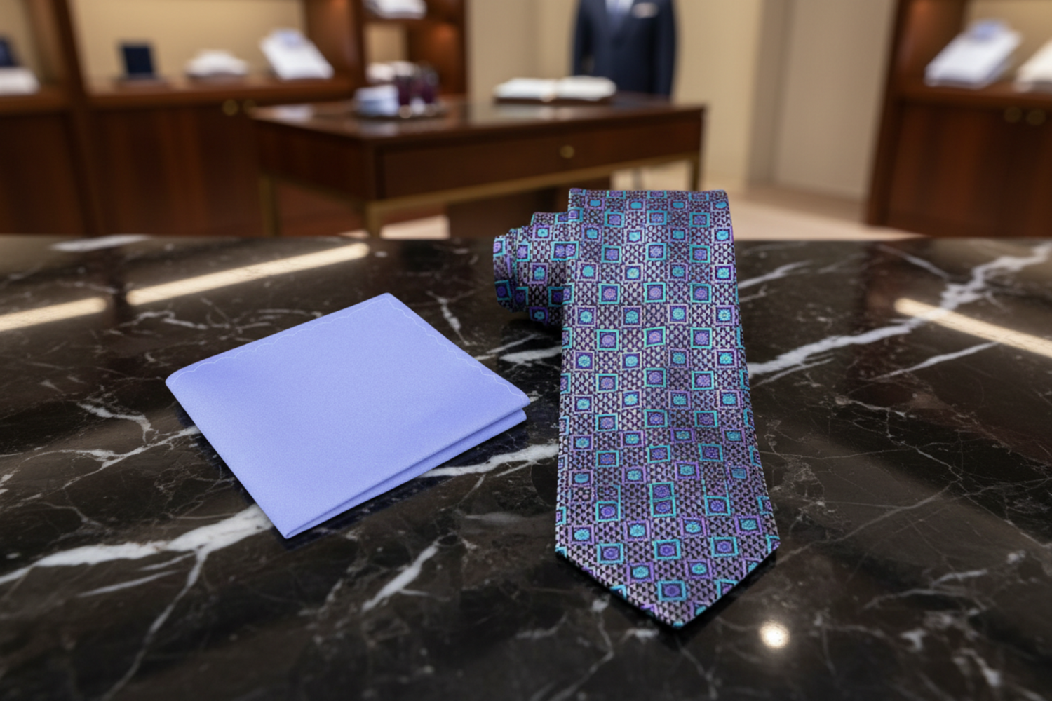 Alt View: Grey, Purple, Light Blue Small Blocks Tie and Pastel Purple Square