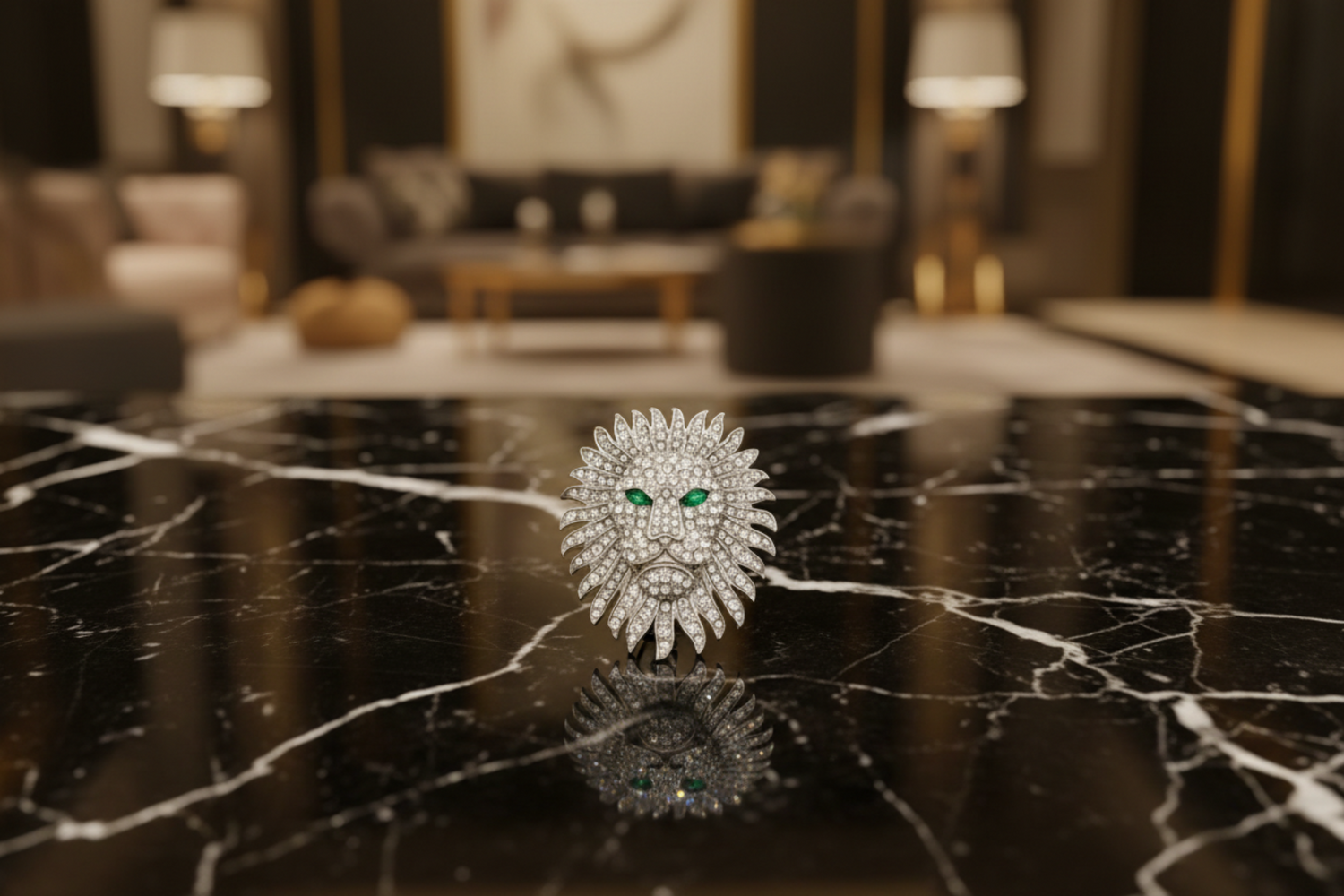 a silver lion with green eyes lapel pin