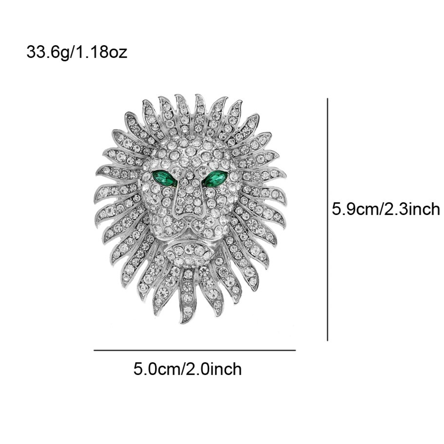 a silver lion with green eyes lapel pin dimension