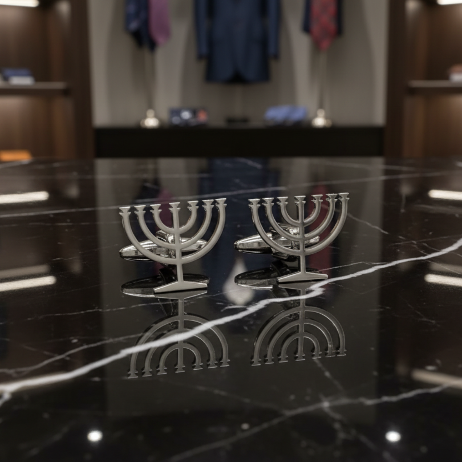 Silver Menorah candle holders on a black textured background